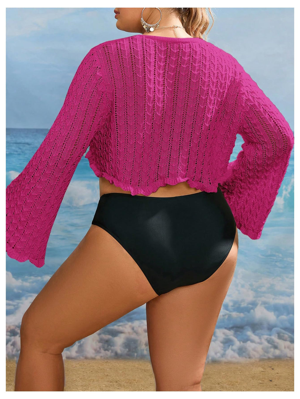 Women's Plus Size V Neck Long Flounce Sleeve Tie Front Knit Crop Cardigan