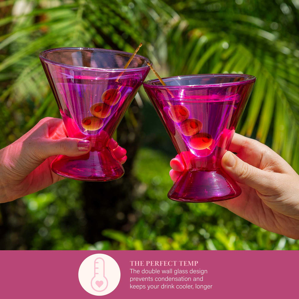 Paris Hilton 2-Piece Martini Glass Set, Double Wall Glass Design, Iridescent with Glitter Hearts - 207mL 7-Ounce