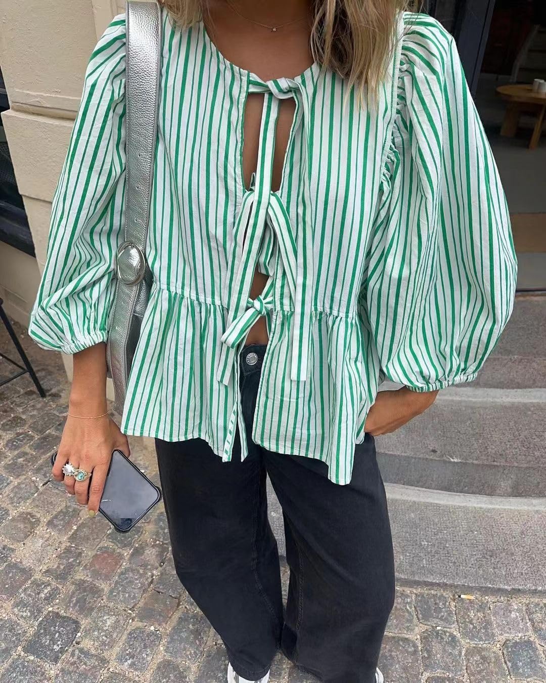 Tie Front Tops Womens Y2k Print Peplum Babydoll Top 3/4 Length Puff Sleeve Coquette Cute Going Out Tops