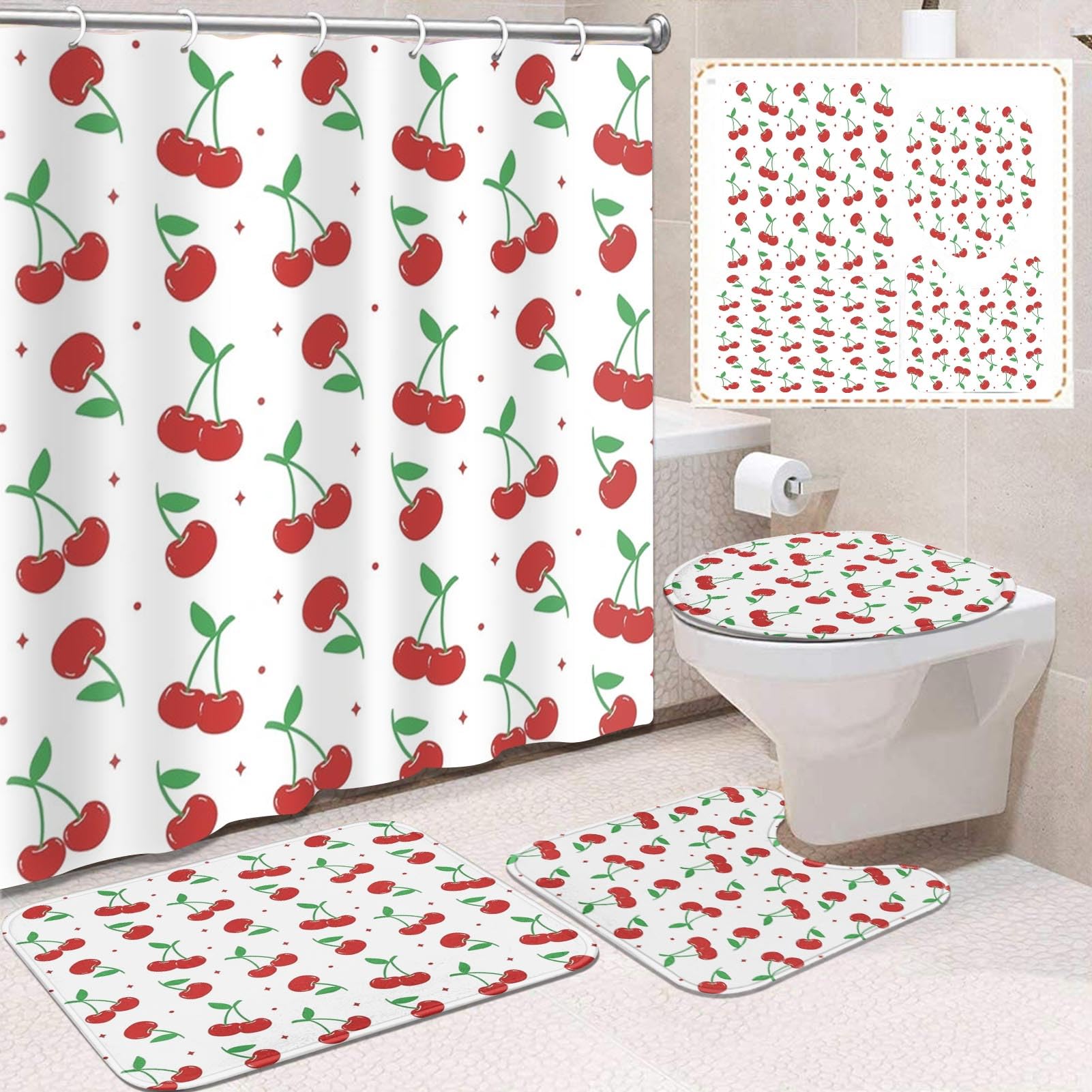 Vintage 4 Pcs Bathroom Sets with Shower Curtain and Rugs, Shower Curtain Sets for Bathroom Decor with 12 Hooks