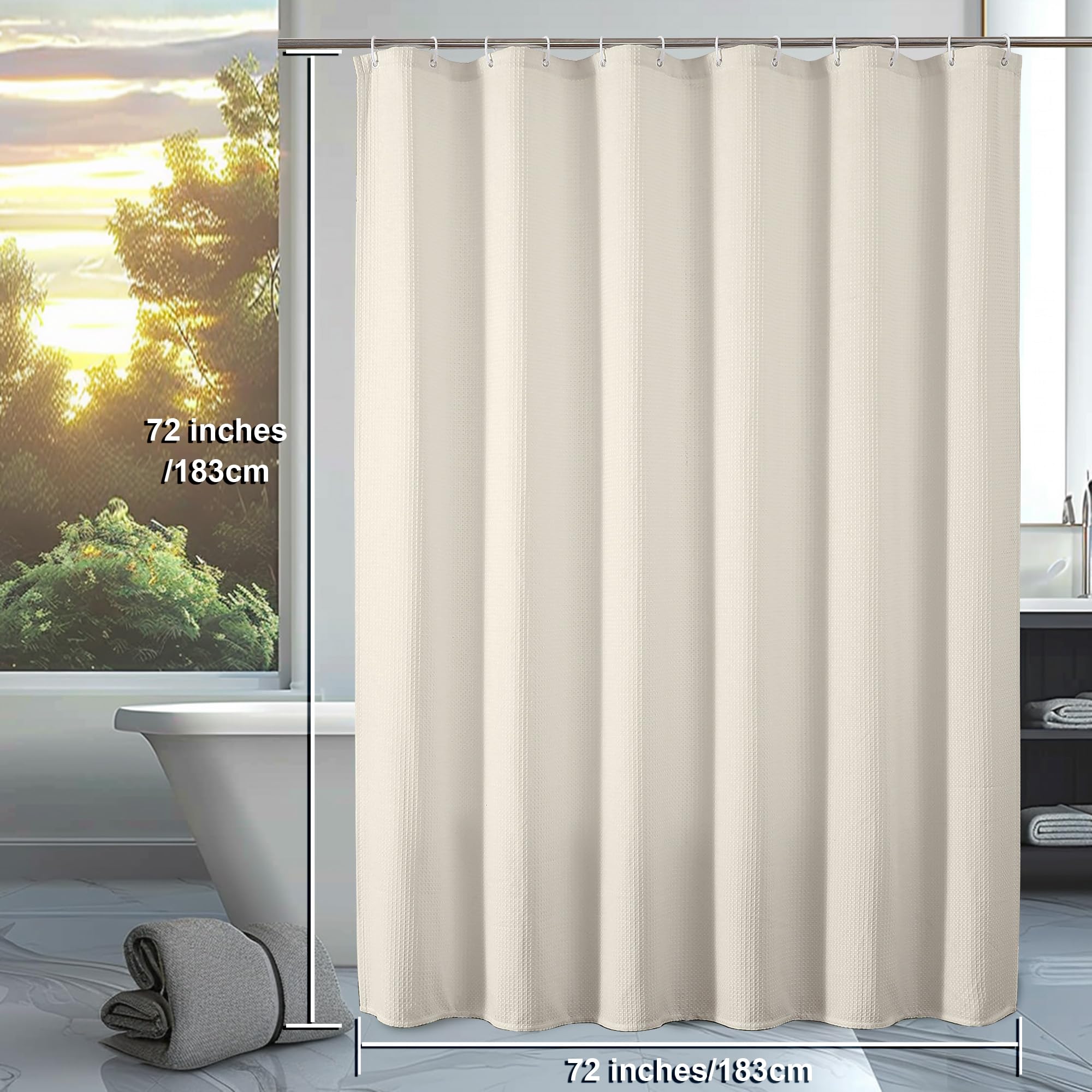 Waffle Textured Heavy Duty Fabric Shower Curtain for Bathroom, Luxury Hotel Weighted 230GSM Bath Curtain with 12 Plastic Hooks, Machine Washable, 72x72