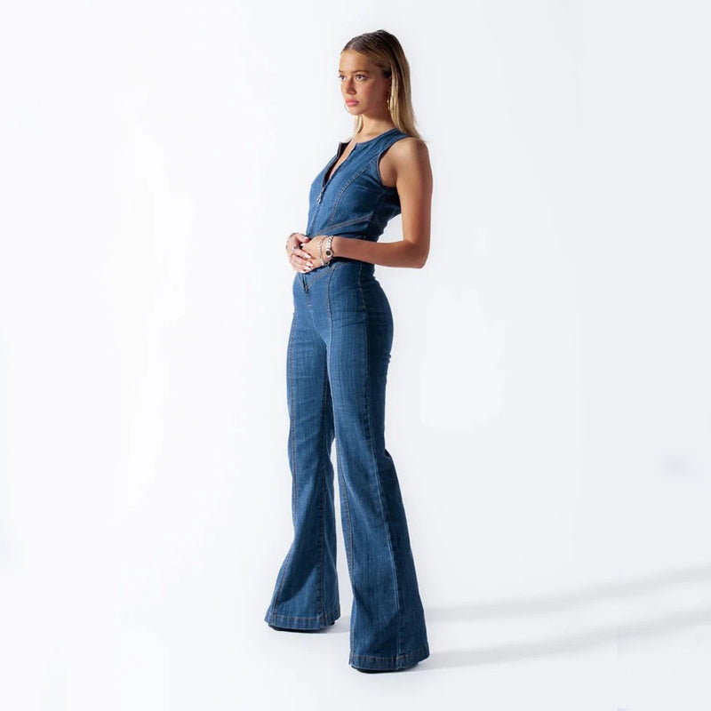 Slim Heart-shape Backless Denim Jumpsuit Women Halter Neck Zip Up High Waist Pants Retro Style Clothing