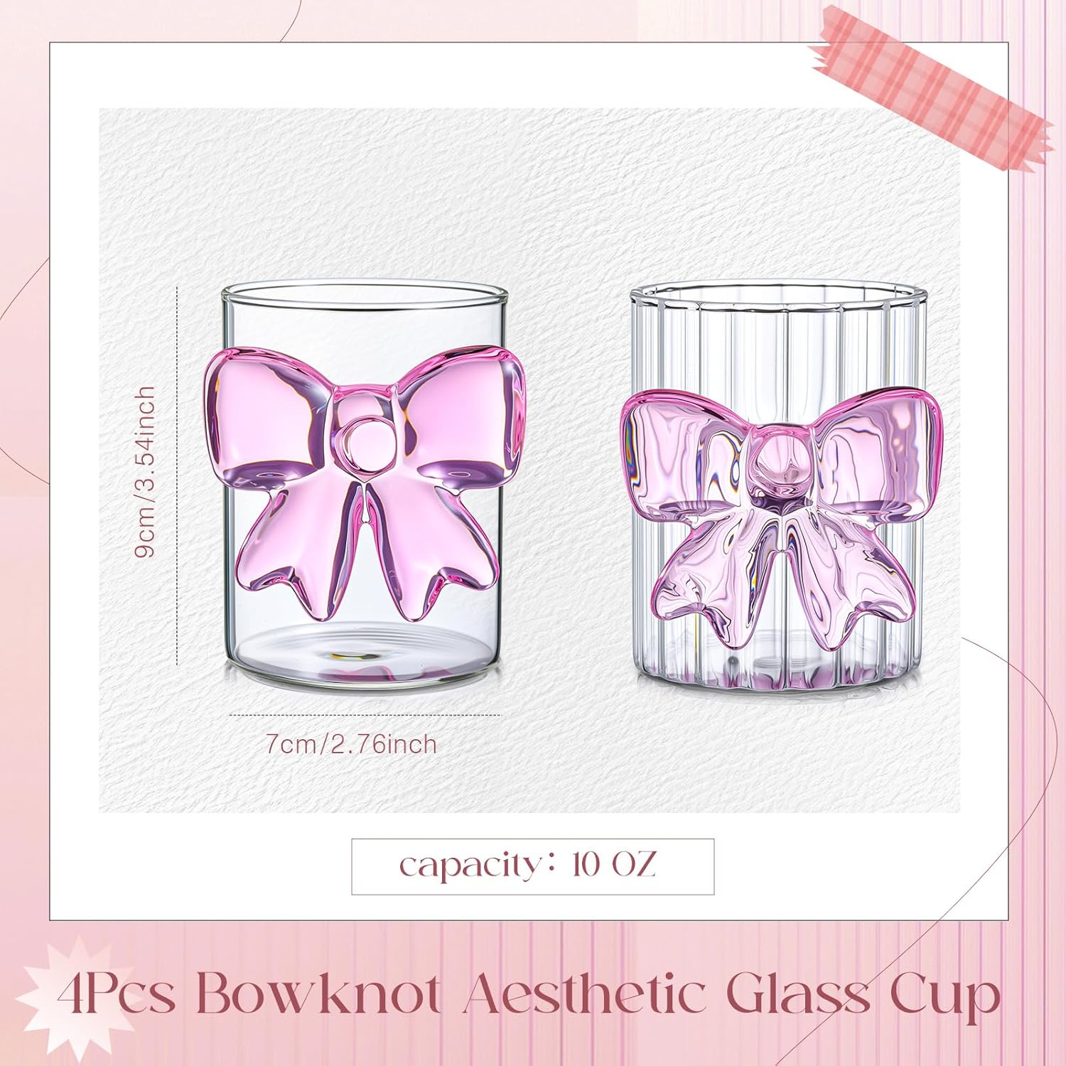 Cute Bow Glass Cups 12 oz 4 Pack