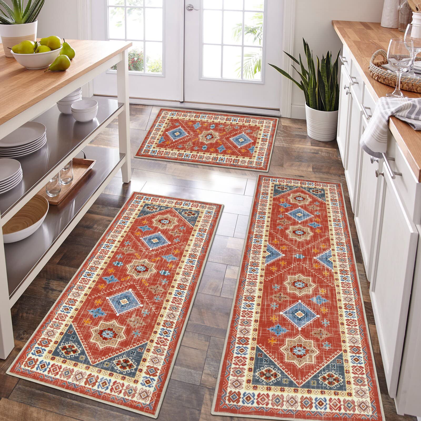 Thick Boho Kitchen Rug Sets 3 Piece with Runner Non Slip Kitchen Rugs and Mats Washable Kitchen Mats