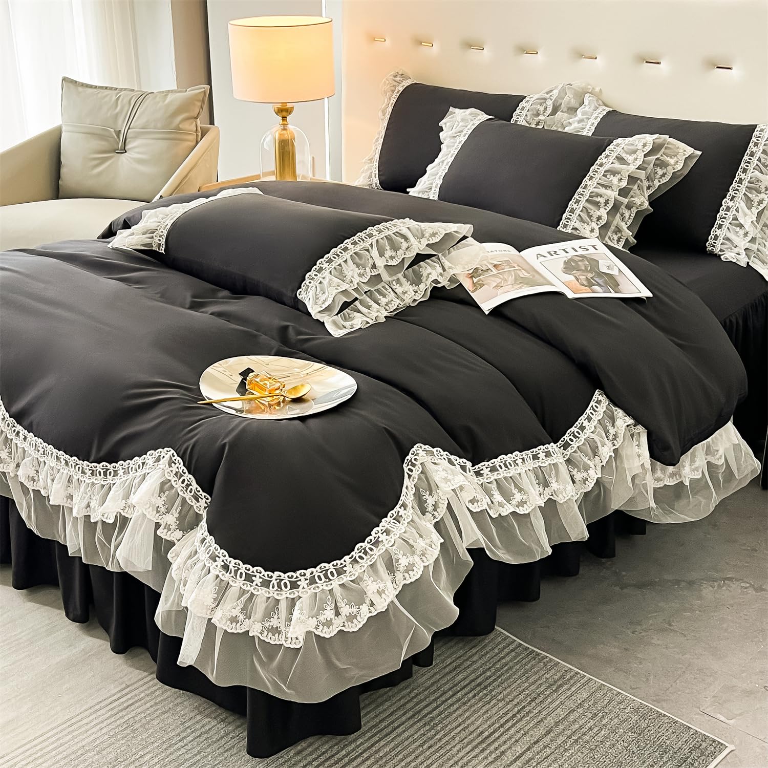 Chic Ruffle Lace Polyester Duvet Cover Set -Bedding-2 Piece Duvet Cover with Zipper Closure -Ultra Soft and Light Weight