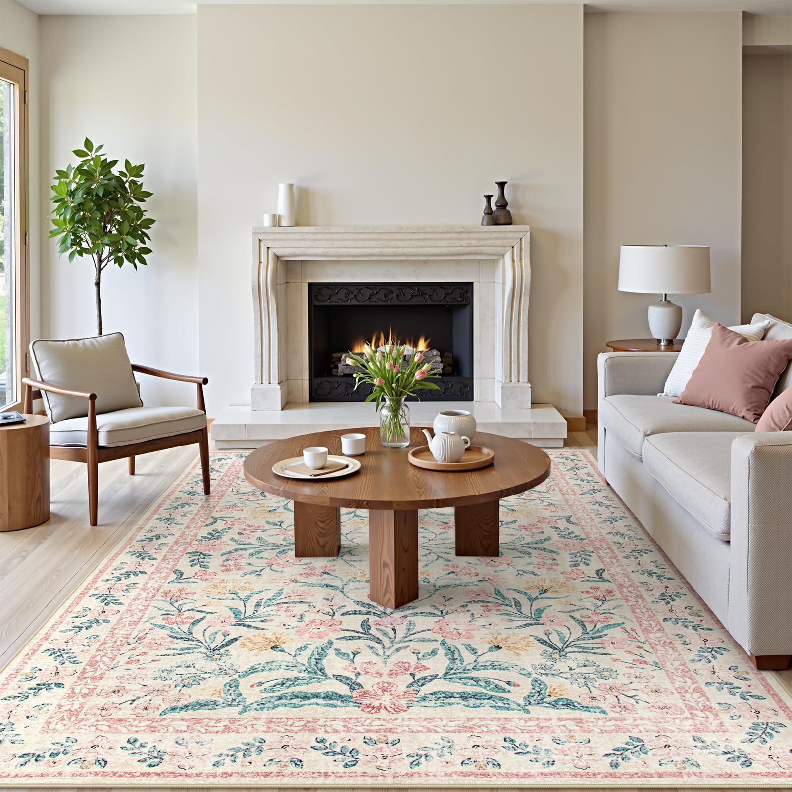 Machine Washable Boho Soft Floral Carpet Non Slip, Indoor Ultra-Thin Floor Carpet for Kid Room Living Room Dorm