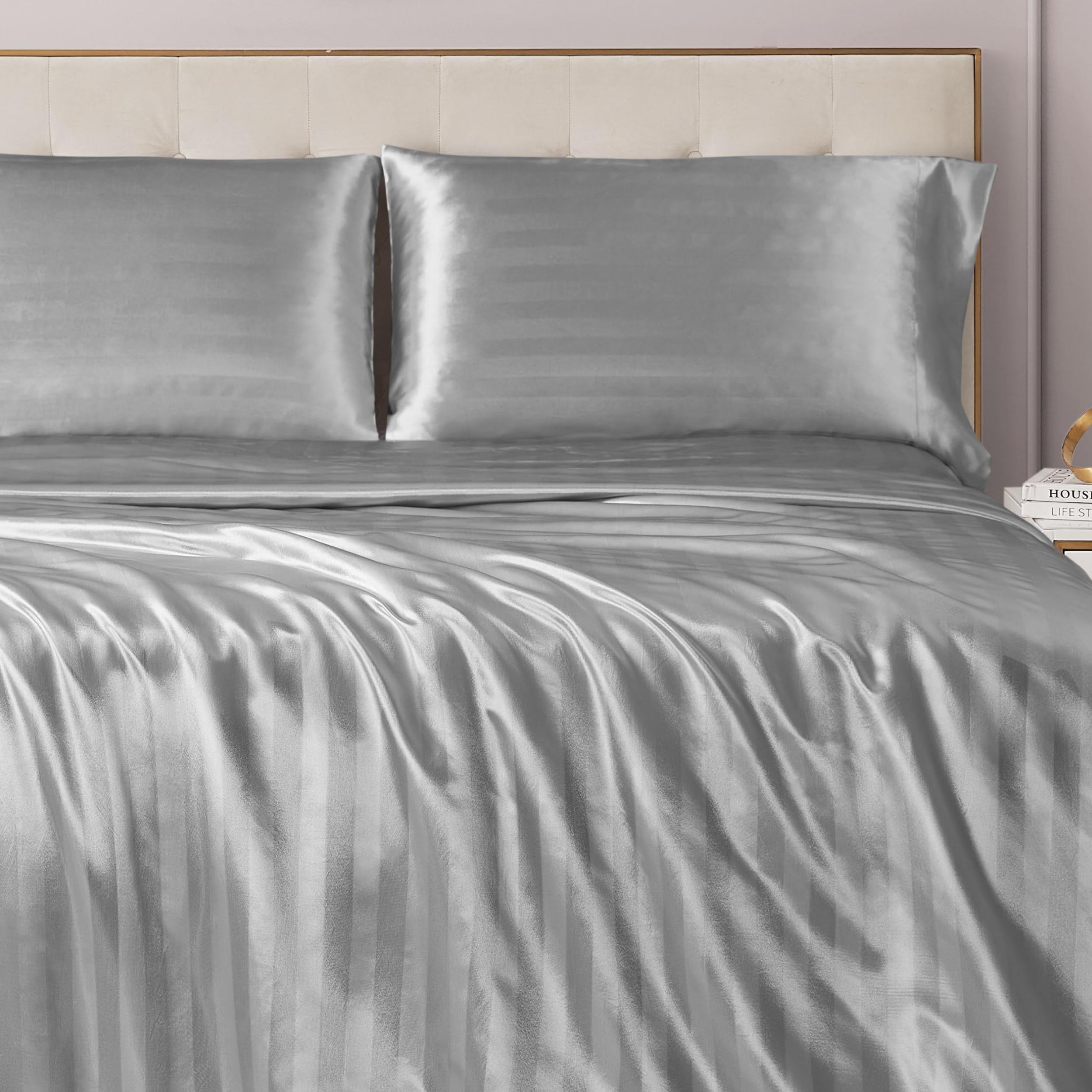 Juicy Couture Silky Satin Damask Sheet Set - Luxury Smooth Satin Striped Sheets