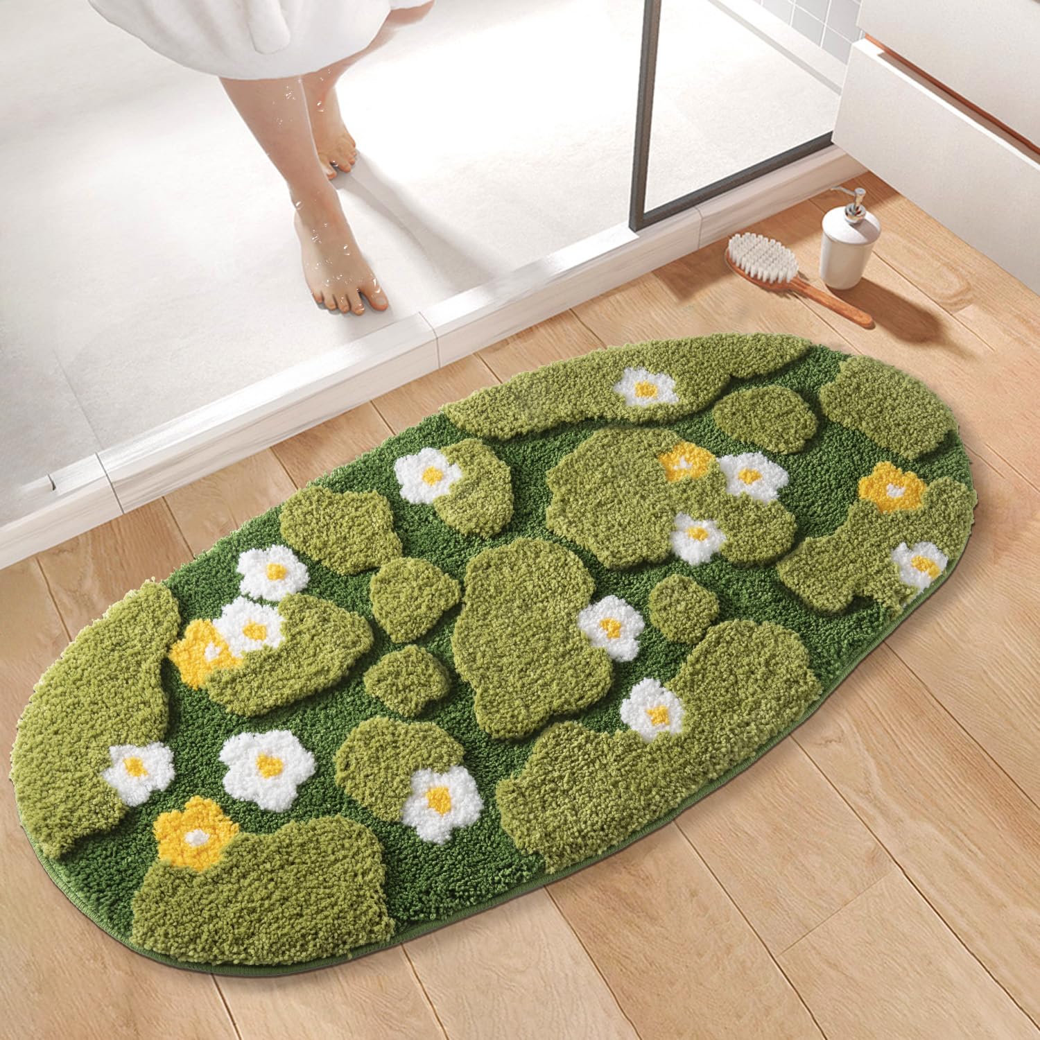 Green Moss Bathroom Rugs Bath Mat Non Slip, Ultra Soft Absorbent Aesthetic Decor Shaggy Tufted Flower Long Bath Rugs