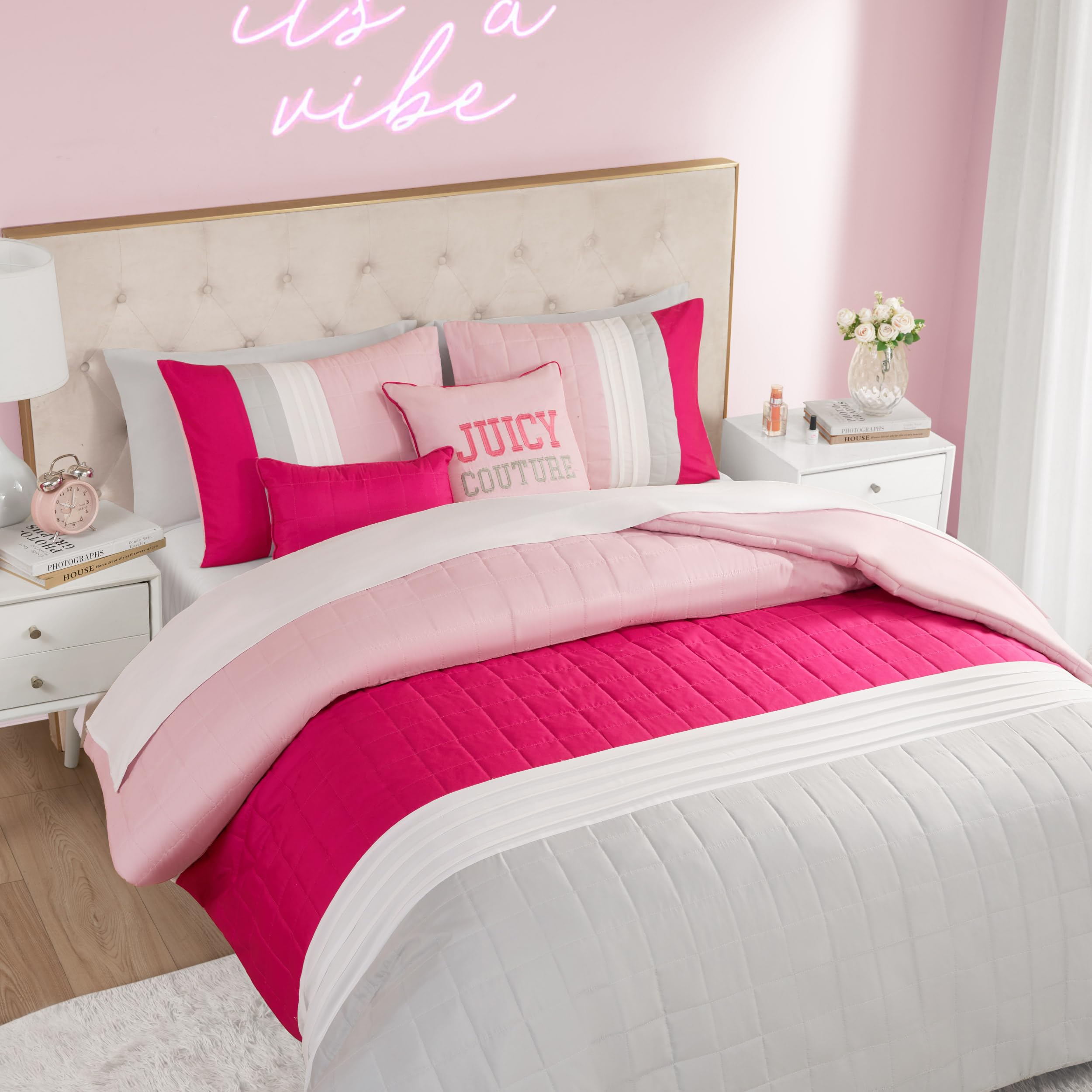 Juicy Couture Color Blocked King Striped 5-Piece Comforter Set - Pink/White/Grey Designer Bedding Set