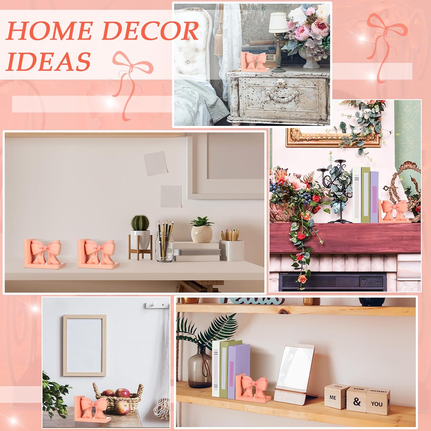 Pink Bow Bookends Coquette Home Decor Cute Sculpture Book Ends Resin - Bookends Shelves 2 Pcs