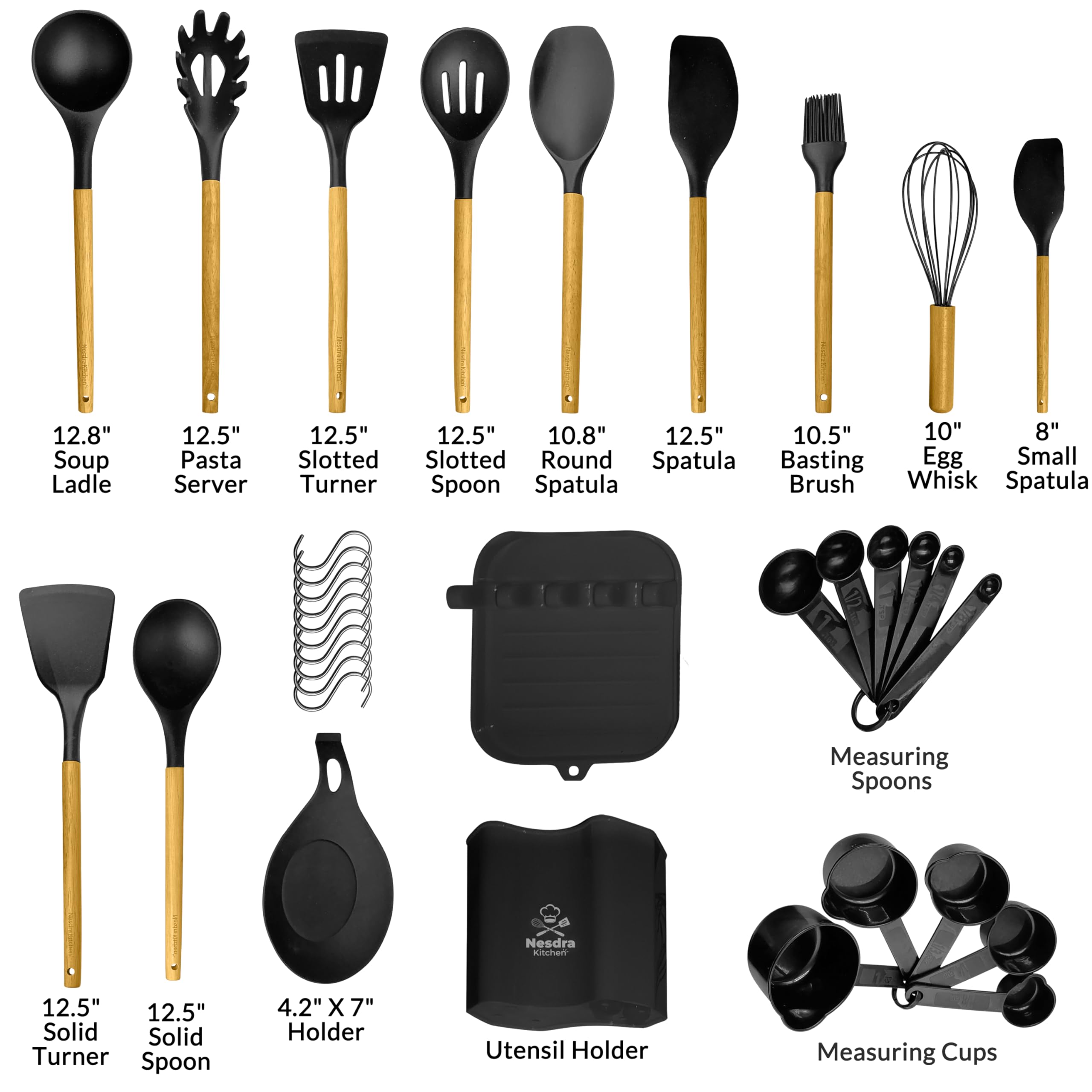 Silicone Cooking Utensils Set with Wooden Handles â€?Food-Grade, BPA-Free & Heat Resistant Kitchen Tools for Nonstick Cookware, Includes Holder & Hooks 33-Piece