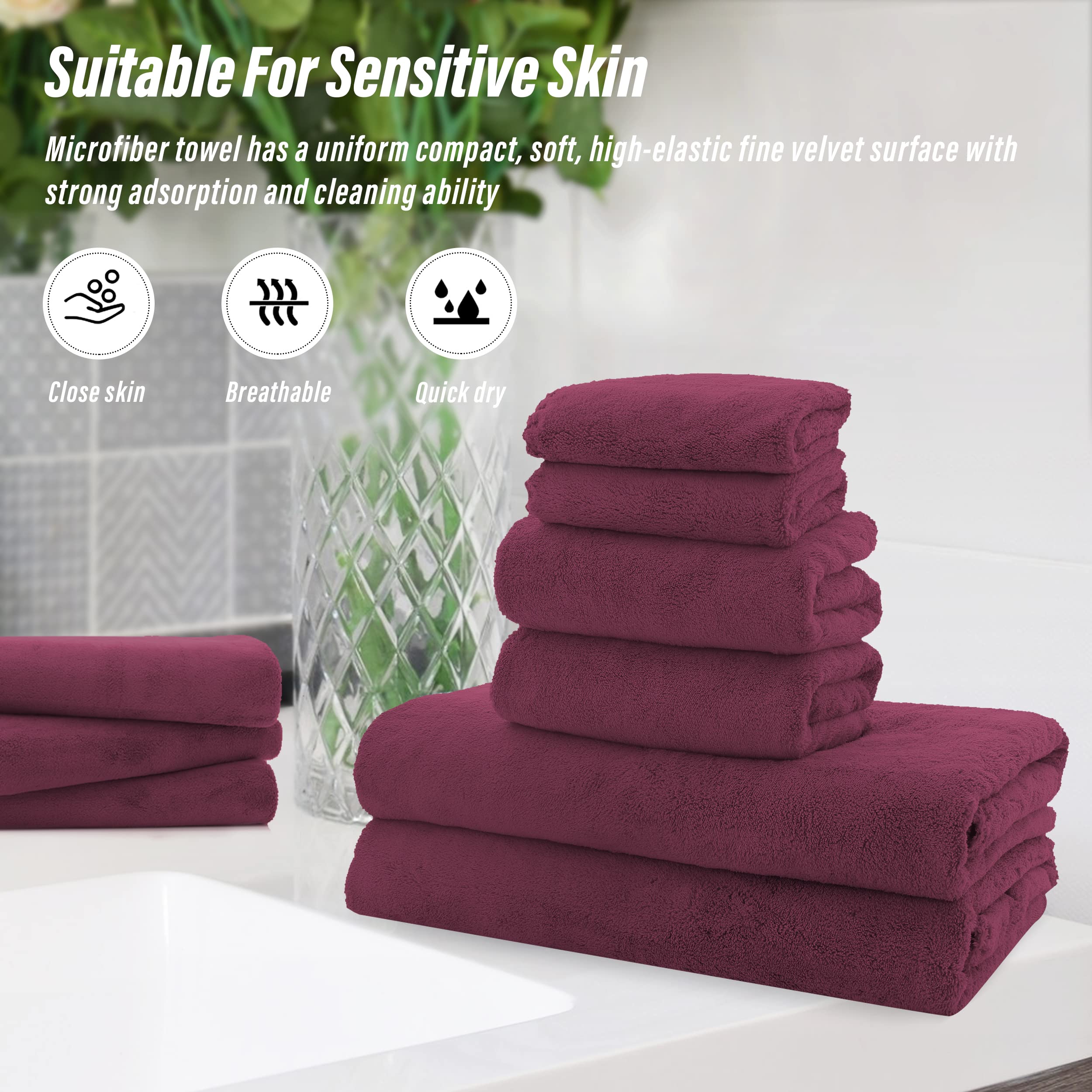 Ultra Soft Towel Set - Quick Drying - 2 Bath Towels 2 Hand Towels 2 Washcloths - Microfiber Coral Velvet Highly Absorbent Towel (6 Pcs)