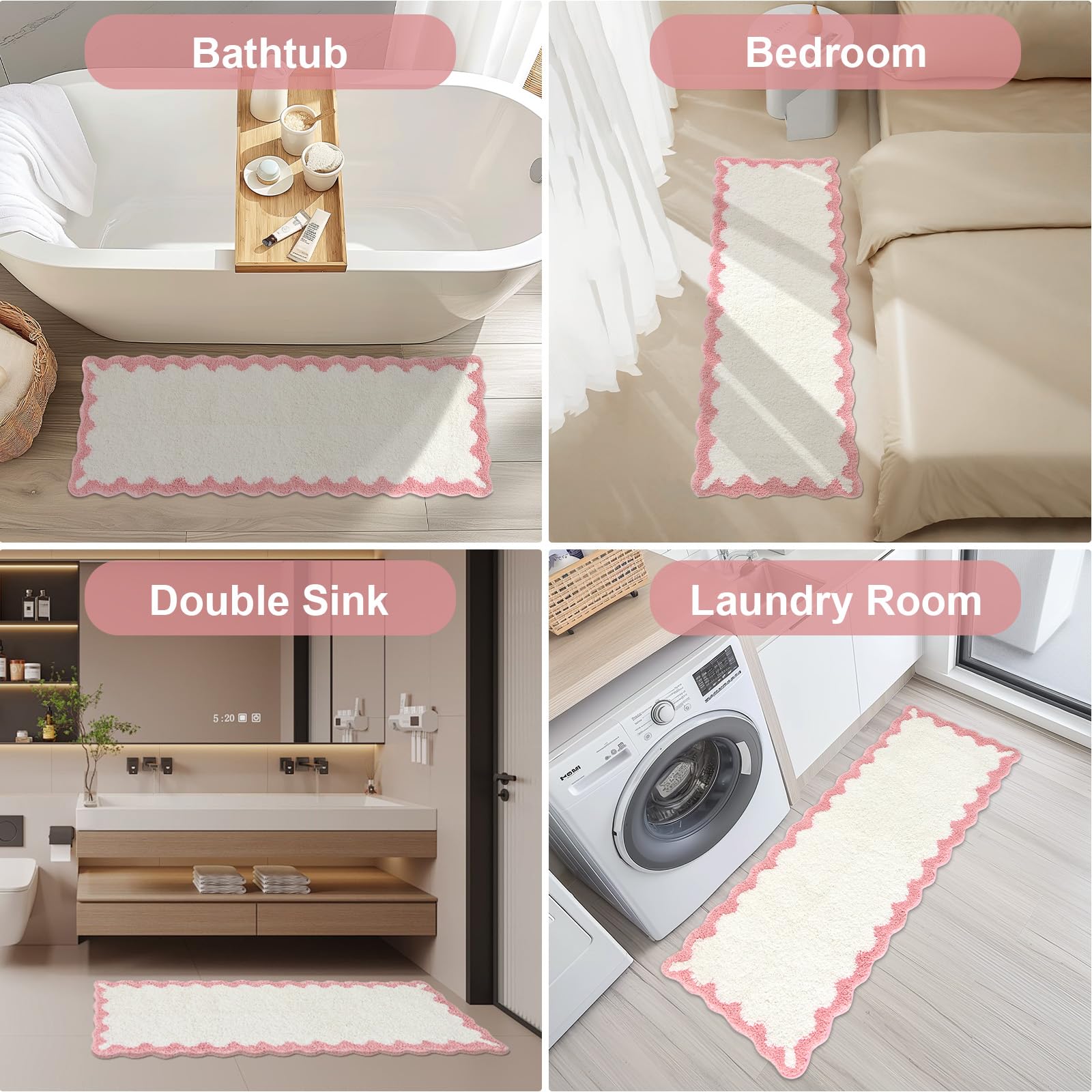 Cute Scalloped Bath Mat, Fun Plush Microfiber Scallop Bathroom Rugs Non Slip Washable Quick Dry Absorbent