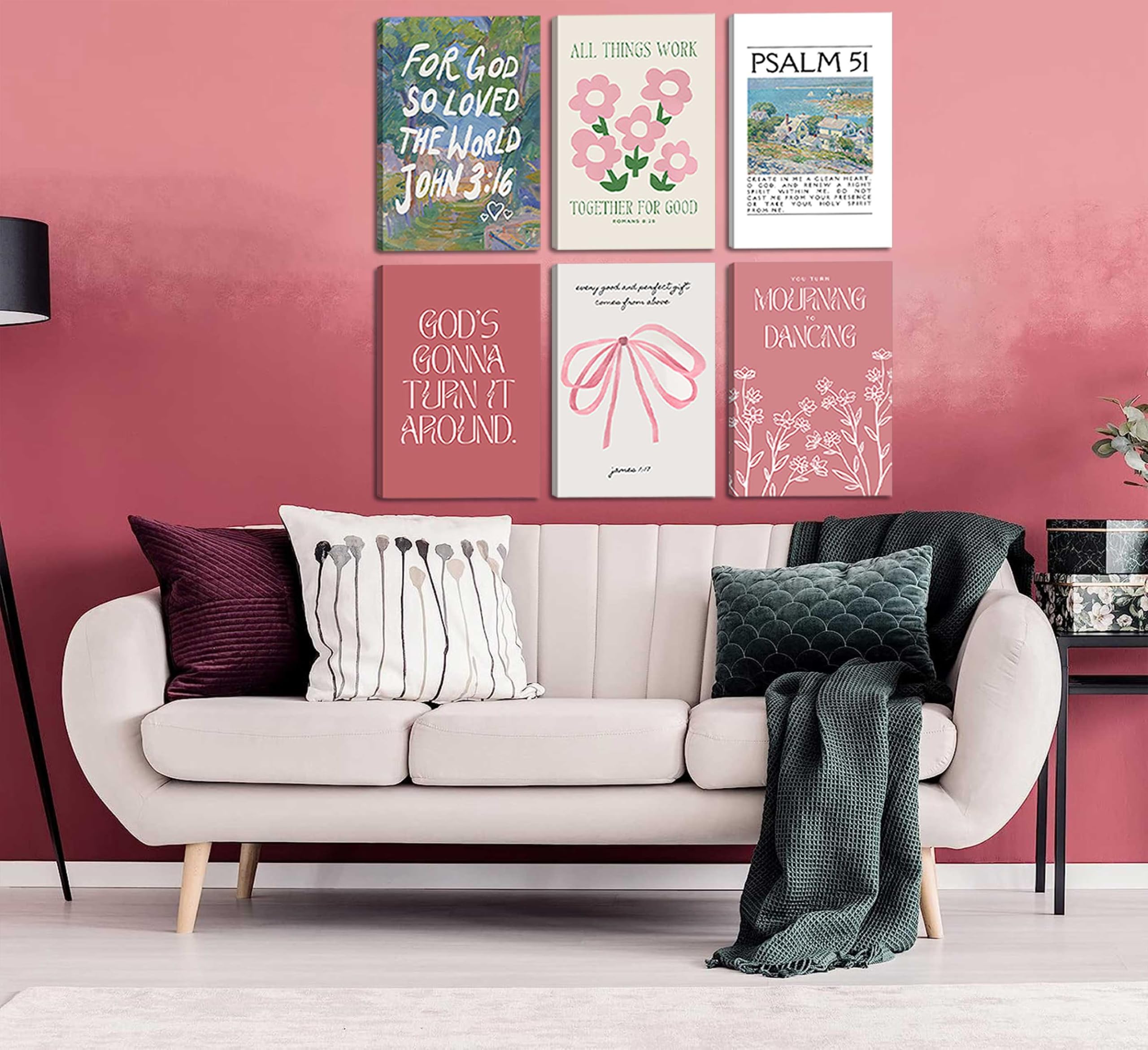 Wall Art Pink Bow Verse Canvas Paintings Decor 6Pcs