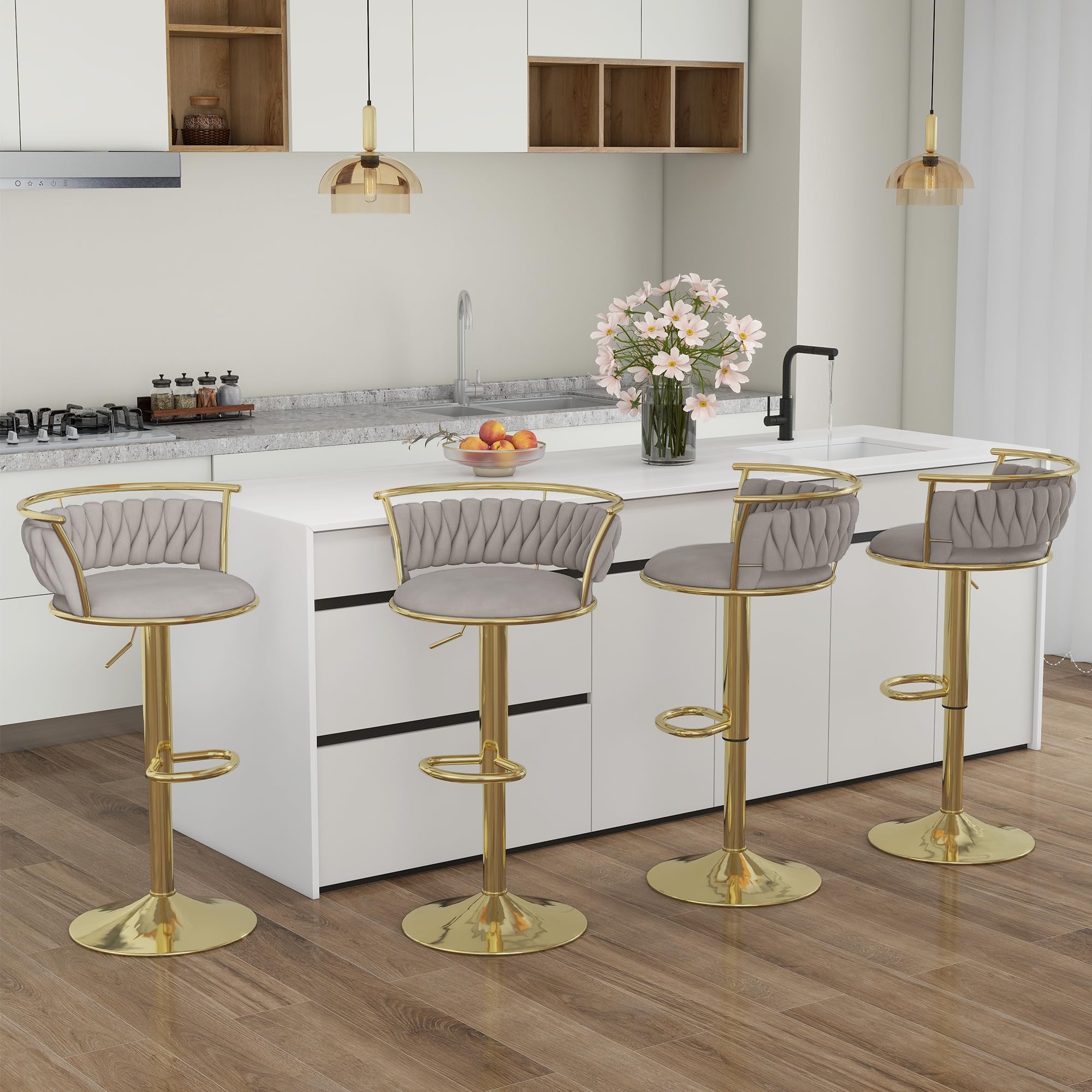 Velvet Swivel Bar Stools, Adjustable Counter Height Bar Chairs with Low Back & Footrest, Modern Gold Bar Stools for Kitchen Island, Bar Pub