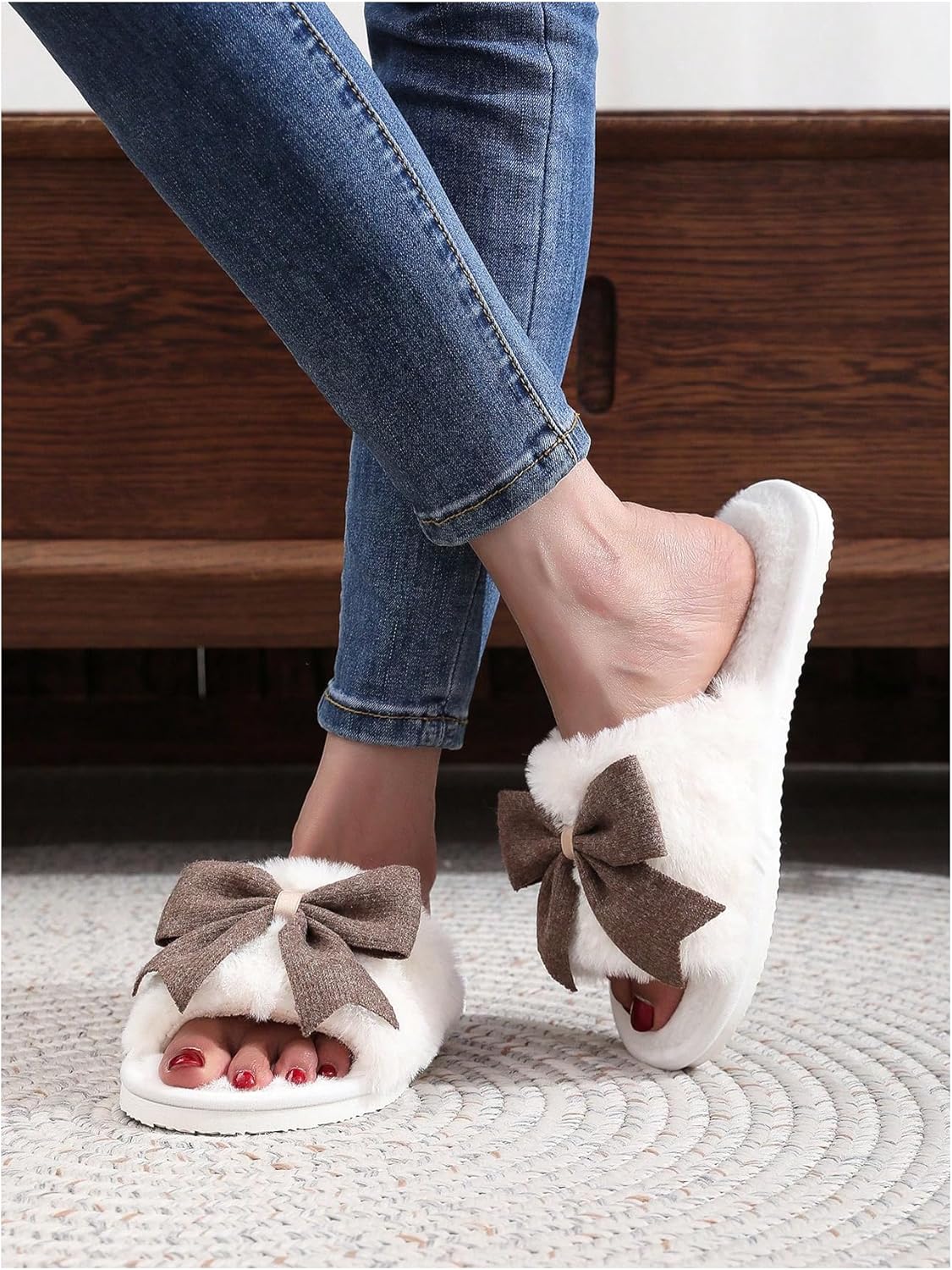 Women's Cute Bow Decor Fuzzy Open Toe Indoor Home Slippers Fashionable Warm Comfy Furry Outdoor Slippers