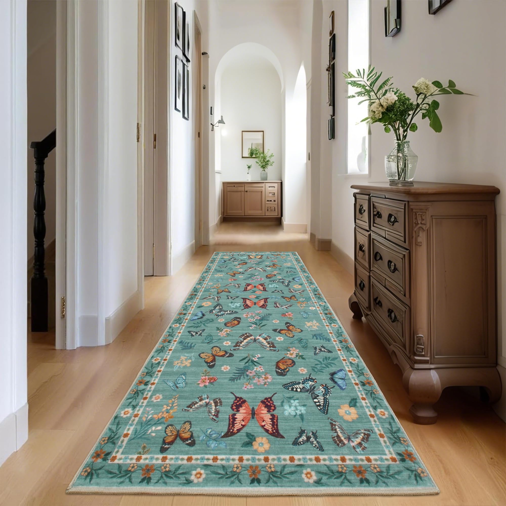 Insect Floral Area Rug, Machine Washable Area Rug Non-Slip Low Pile Large Bedroom Rug Stain Resistant Throw Rug Carpet