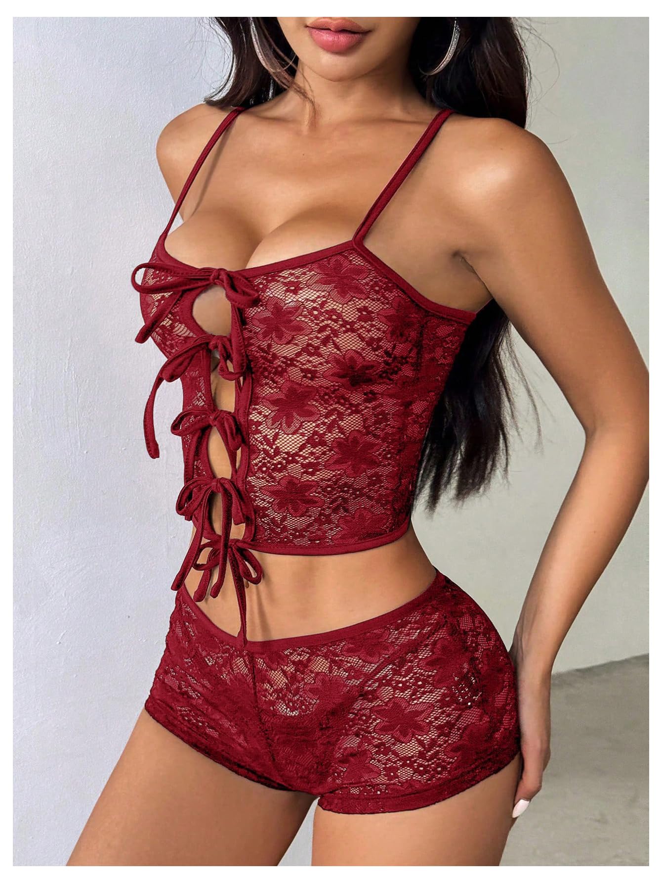 Women's Floral Lace 2 Piece Outfits Tie Front Crop Cami Top with Mini Shorts