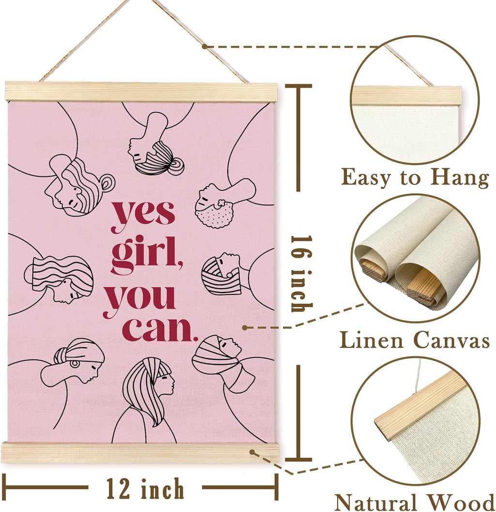 Yes Girl You Can Poster Hanger Frame, Feminist Motivational Quote Wooden Canvas Artwork Print, Pink Positive Wall Painting for Girl Room Home Bathroom Office Decor 12X16inch