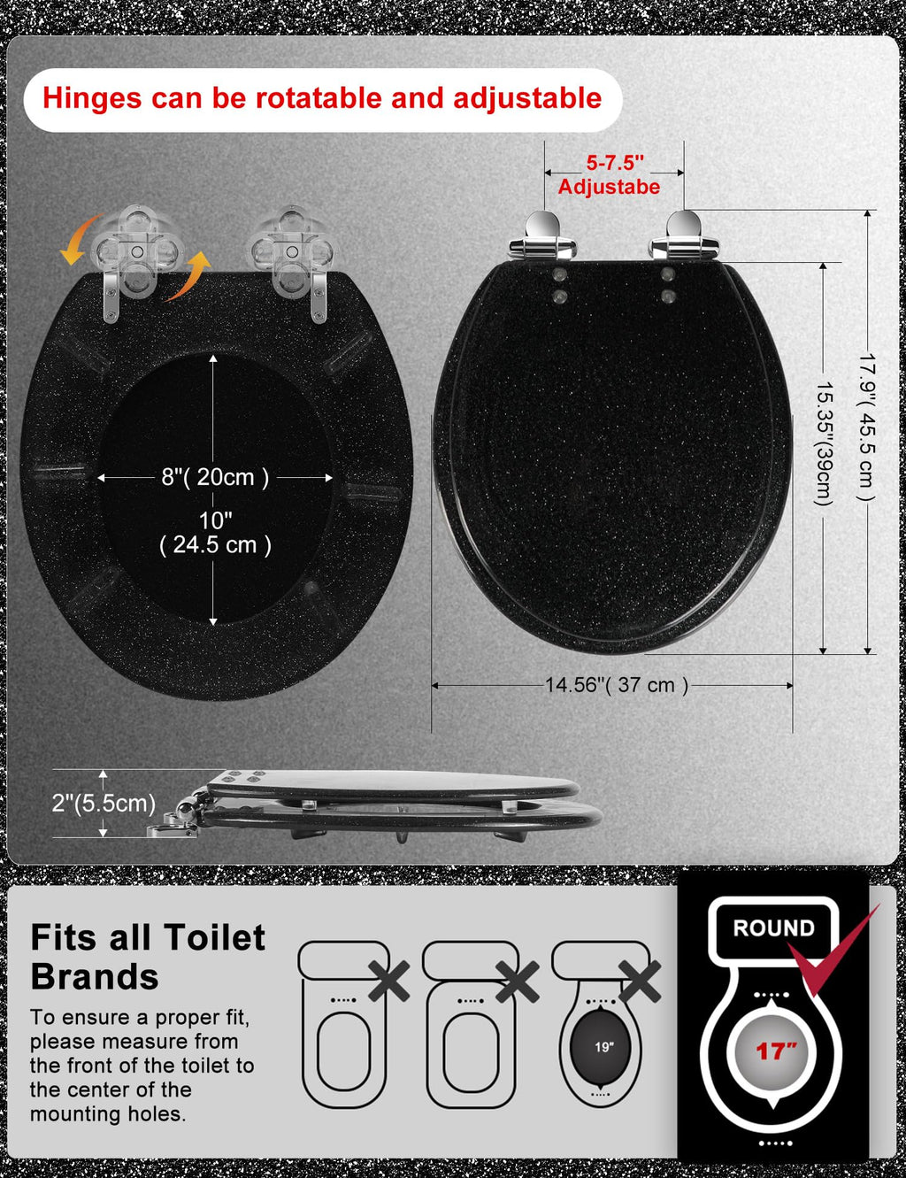 Round Resin Toilet Seat Glitter Soft Close Quick Release Metal Zinc Alloy Hinge Easy to Install also Easy to Clean, Decorative Acrylic Seats (17 Inch)