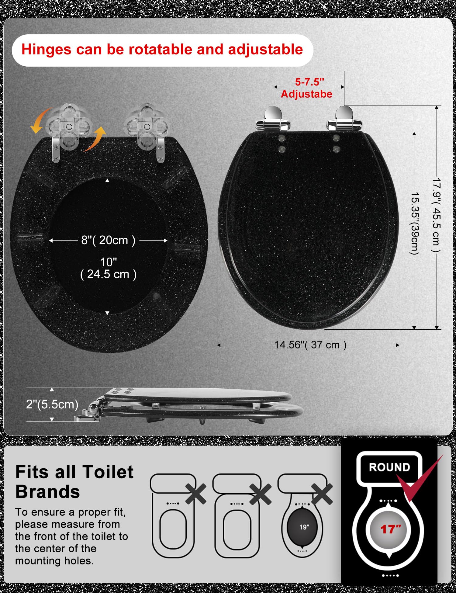 Round Resin Toilet Seat Glitter Soft Close Quick Release Metal Zinc Alloy Hinge Easy to Install also Easy to Clean, Decorative Acrylic Seats (17 Inch)