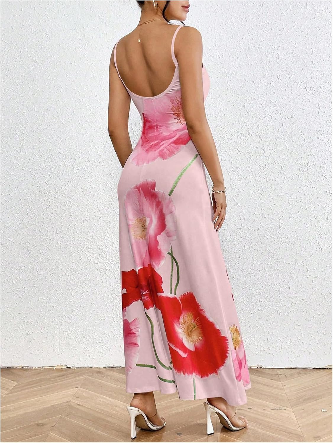 Women's Floral Print Backless Maxi Dress Scoop Neck Sleeveless Spaghetti Strap Dresses