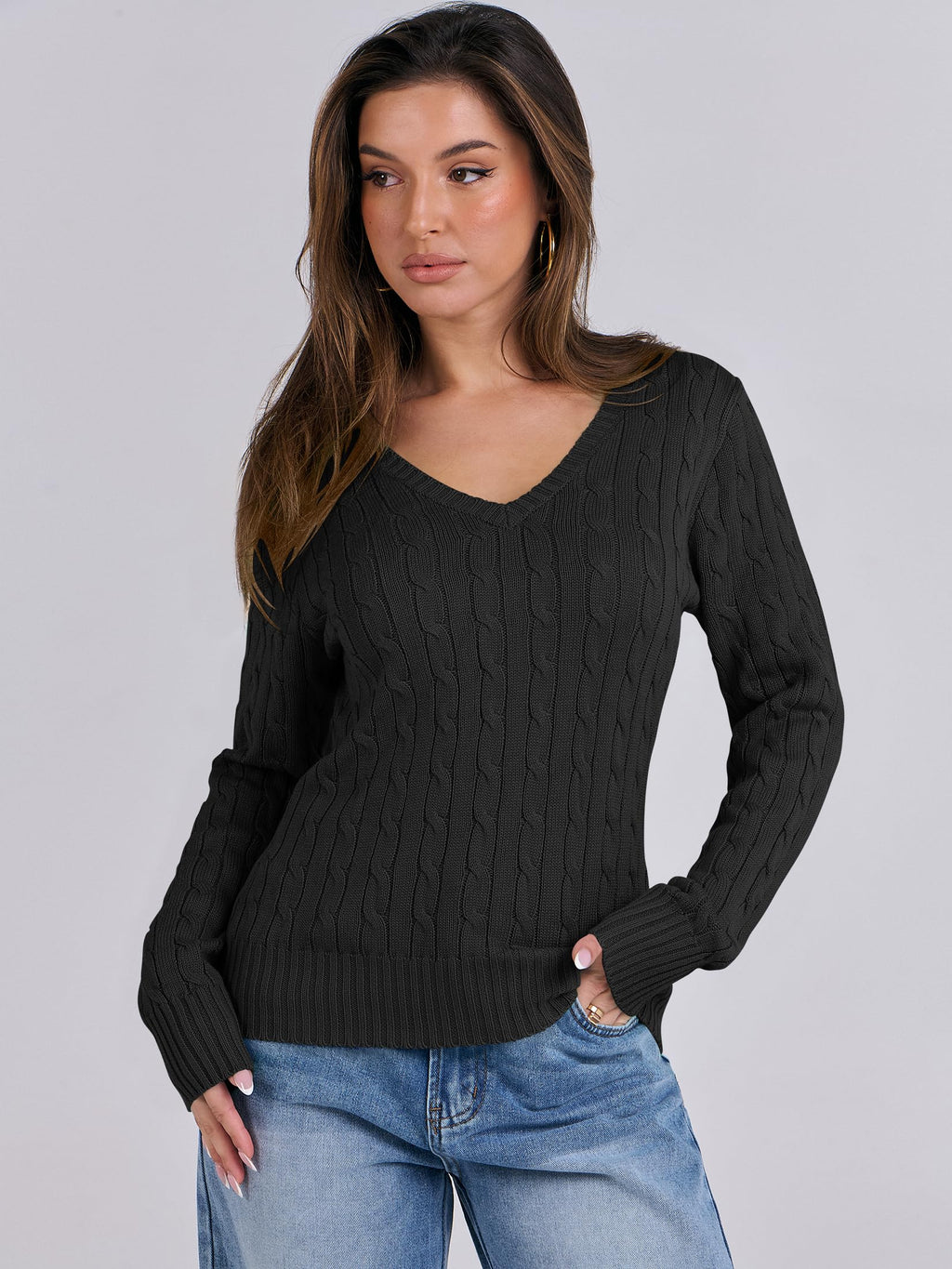 Women's Long Sleeve V Neck Cable Knit Sweater Jumper