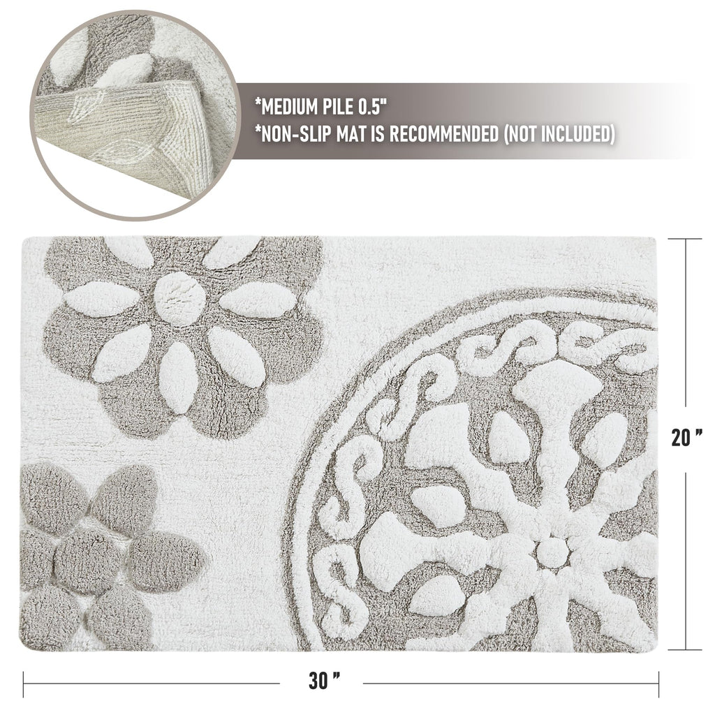 Medallion Floral Pattern Bath Mat 100% Cotton Tufted Bathroom Rugs Luxurious Plush Absorbent, Quick Dry