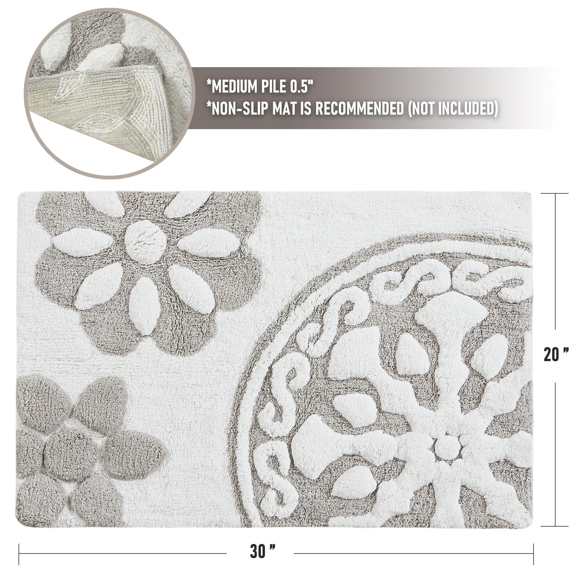 Medallion Floral Pattern Bath Mat 100% Cotton Tufted Bathroom Rugs Luxurious Plush Absorbent, Quick Dry