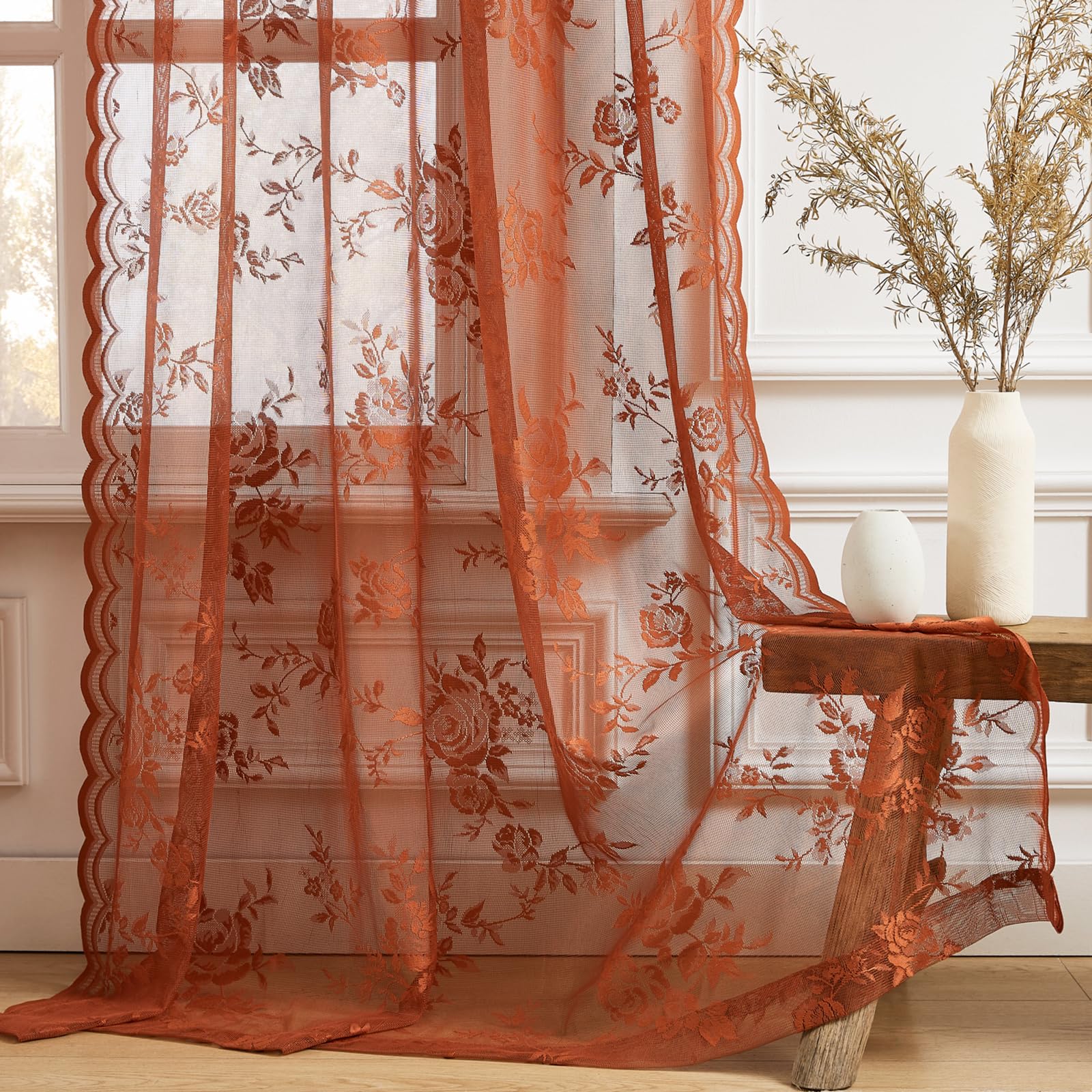 Lace Curtains 2 Panels Set Victorian Floral Sheer Curtains for Living Room Bedroom Girls Room Rod Pocket Light Filtering Romantic French Drapes Window Decor