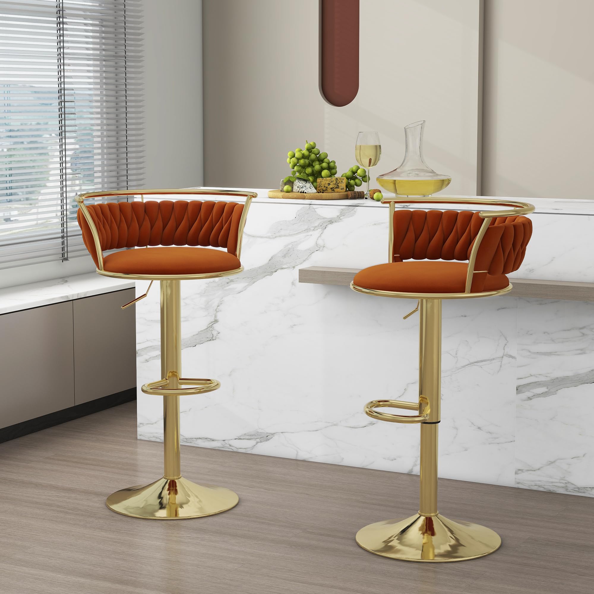 Velvet Swivel Bar Stools, Adjustable Counter Height Bar Chairs with Low Back & Footrest, Modern Gold Bar Stools for Kitchen Island, Bar Pub