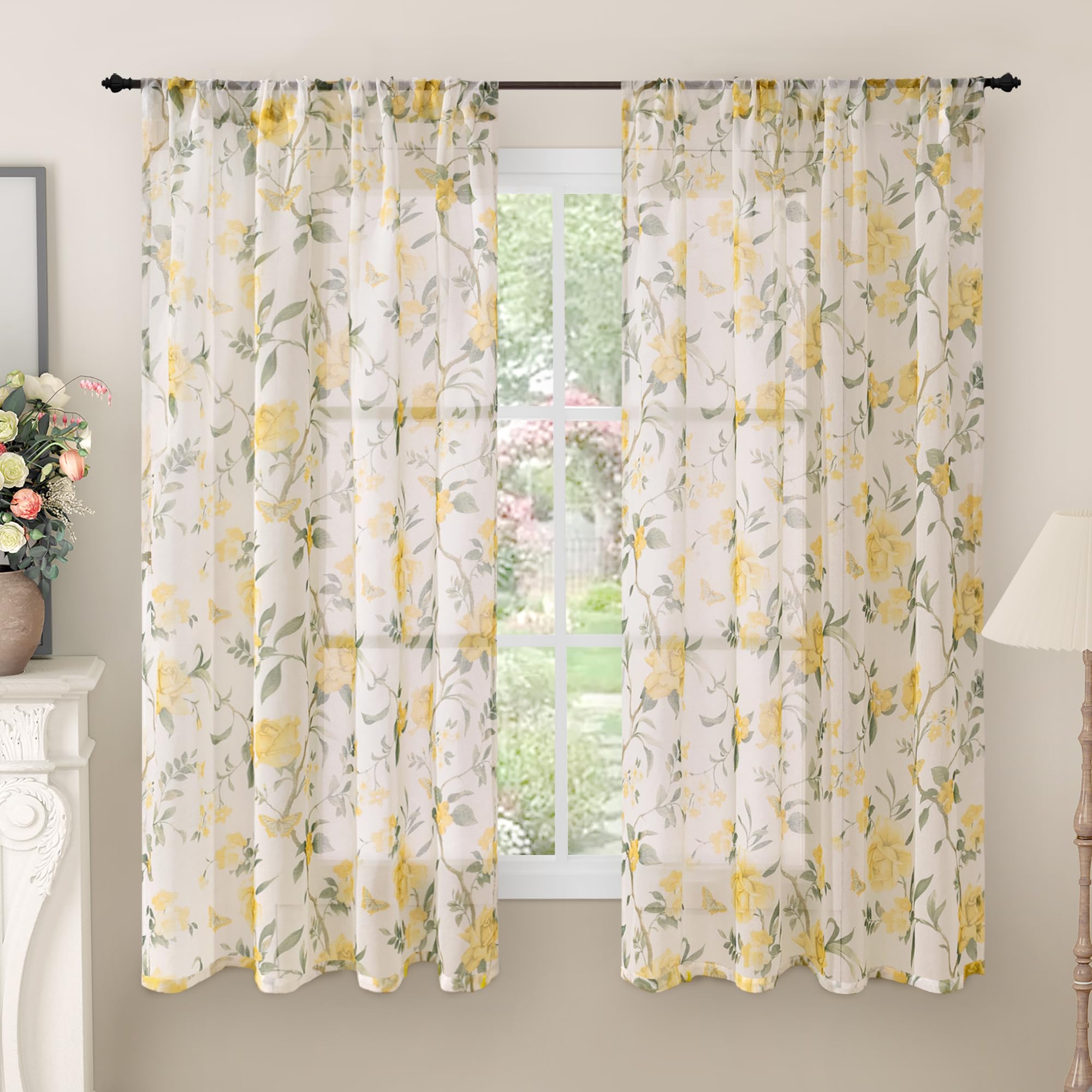 Floral Sheer Curtains, Vintage Light Filtering Semi-Sheer Linen Curtains