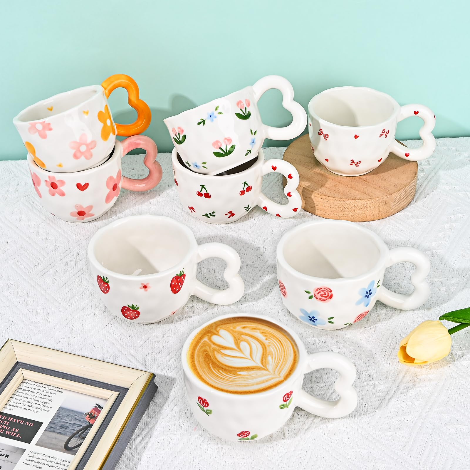 Ribbon Bow Ceramic Mug, Cute Creative Heart Handle Mug Design, 10.5 oz/300 ml