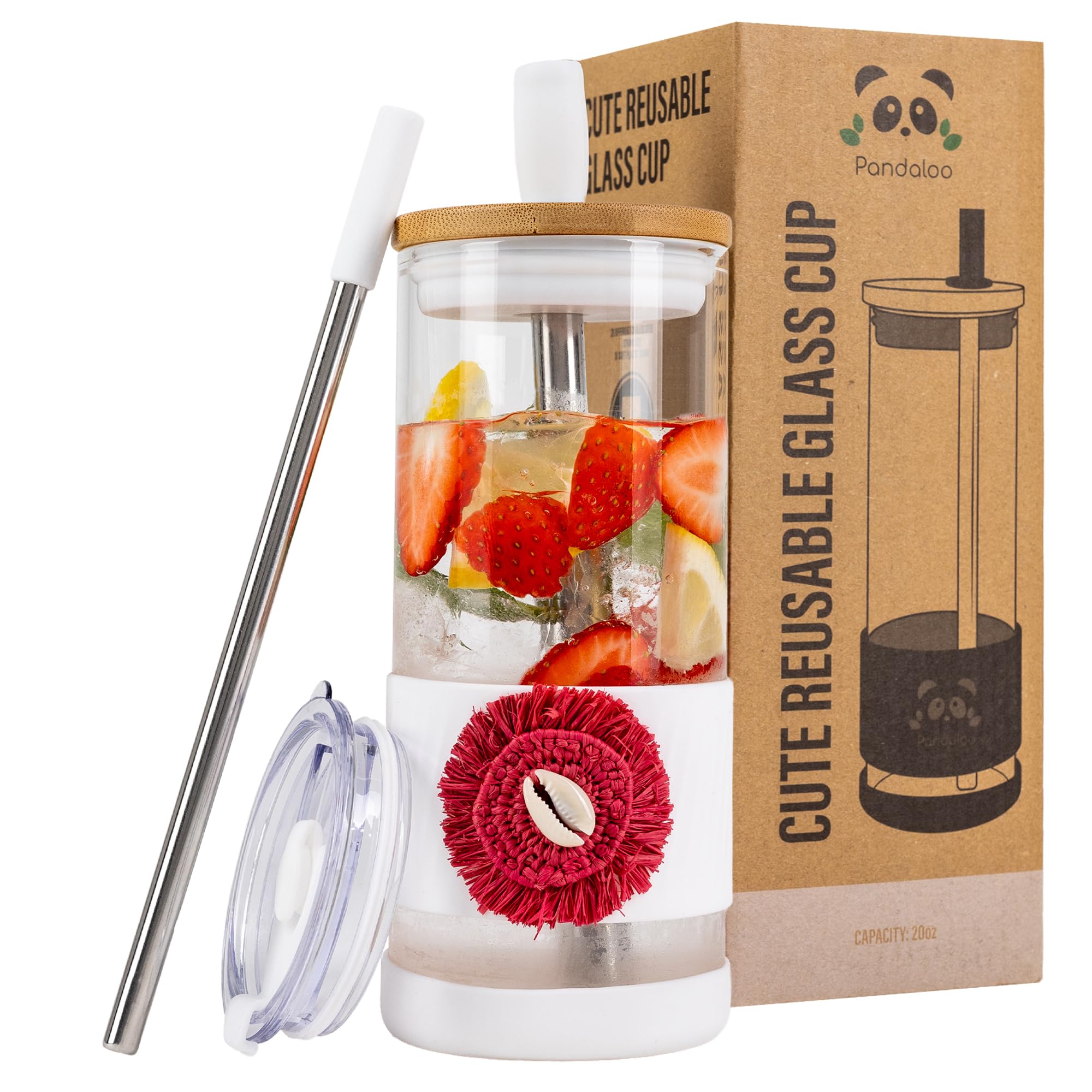Pandaloo® Glass Cups With Lids and Straws -20 Fl Oz- Perfect Size Iced Coffee Cup - Smoothie Cup With Bamboo Lid and On the go Lid - Glass Tumbler With Straw