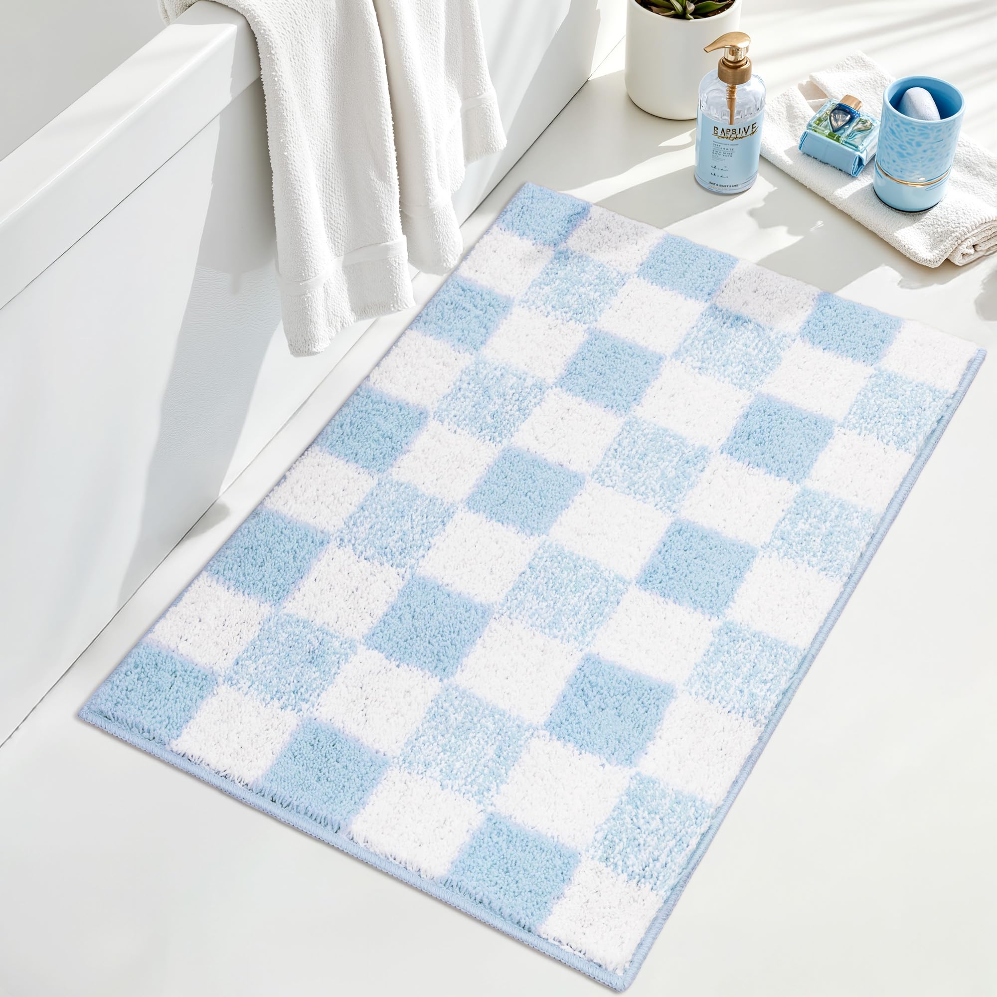 Checkered Bathroom Rugs, Fluffy Rug, Absorbent Microfiber Ultra Soft Bath Mat Washable, Non-Slip Bath Mats for Bathroom, Cute Floor Mat