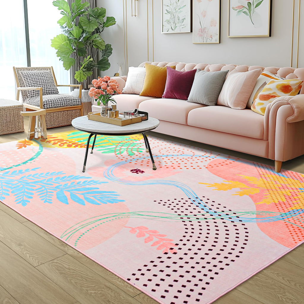 Faux Wool Boho Floral Area Rug Abstract Print Soft Carpet, TPR Non-Slip Backing, Machine Washable Low Pile Rug