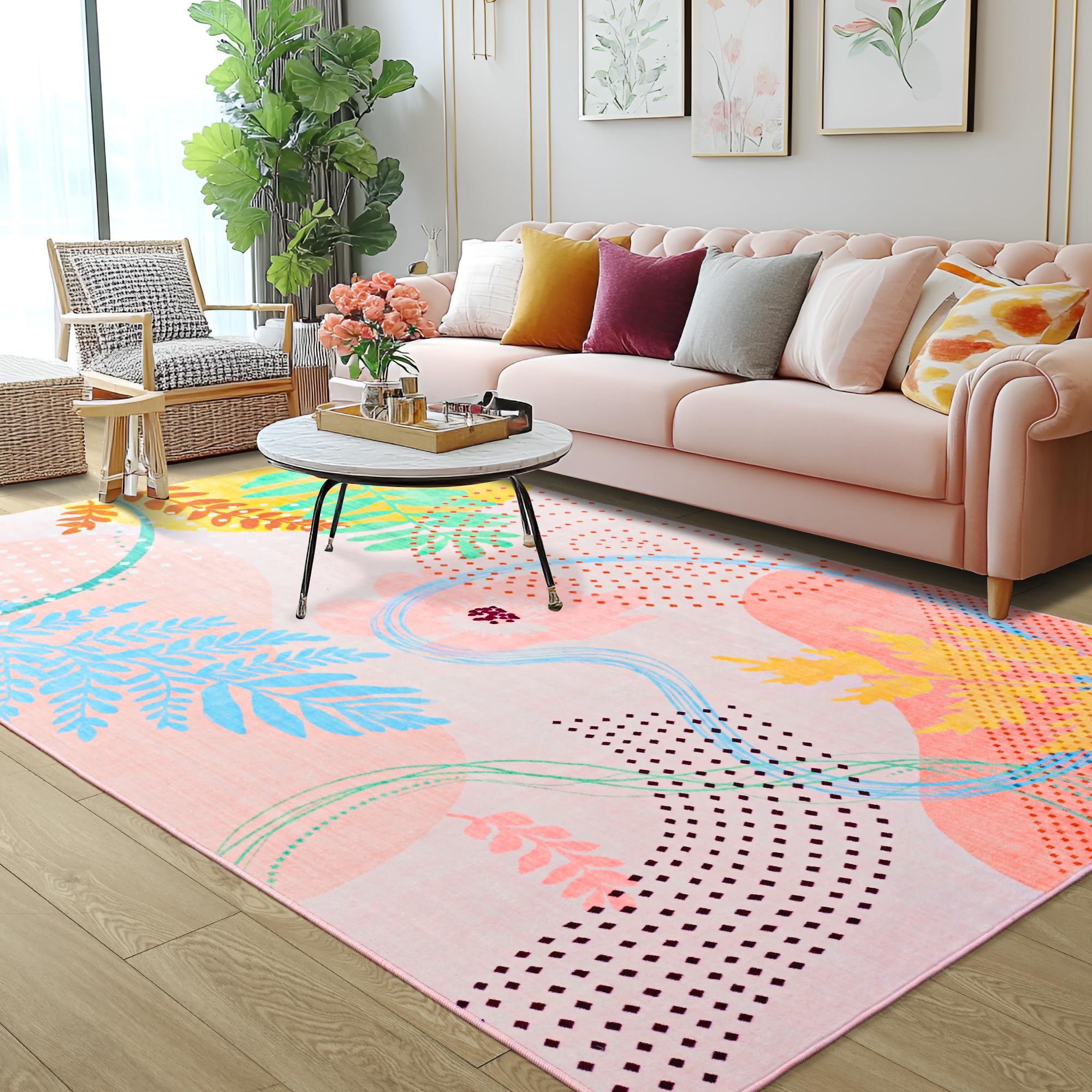 Faux Wool Boho Floral Area Rug Abstract Print Soft Carpet, TPR Non-Slip Backing, Machine Washable Low Pile Rug