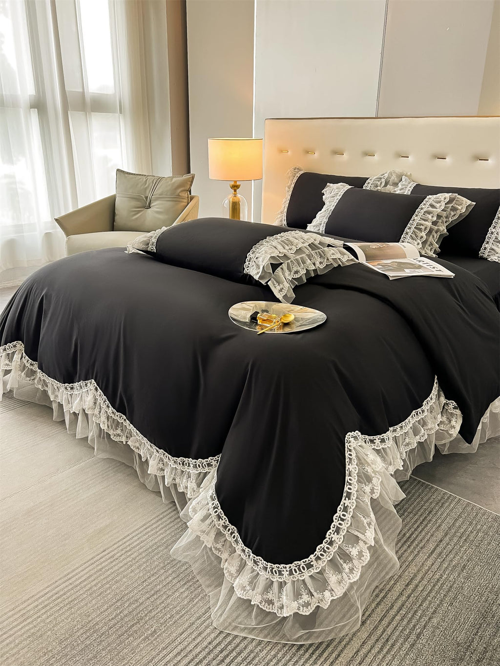 Chic Ruffle Lace Polyester Duvet Cover Set -Bedding-2 Piece Duvet Cover with Zipper Closure -Ultra Soft and Light Weight