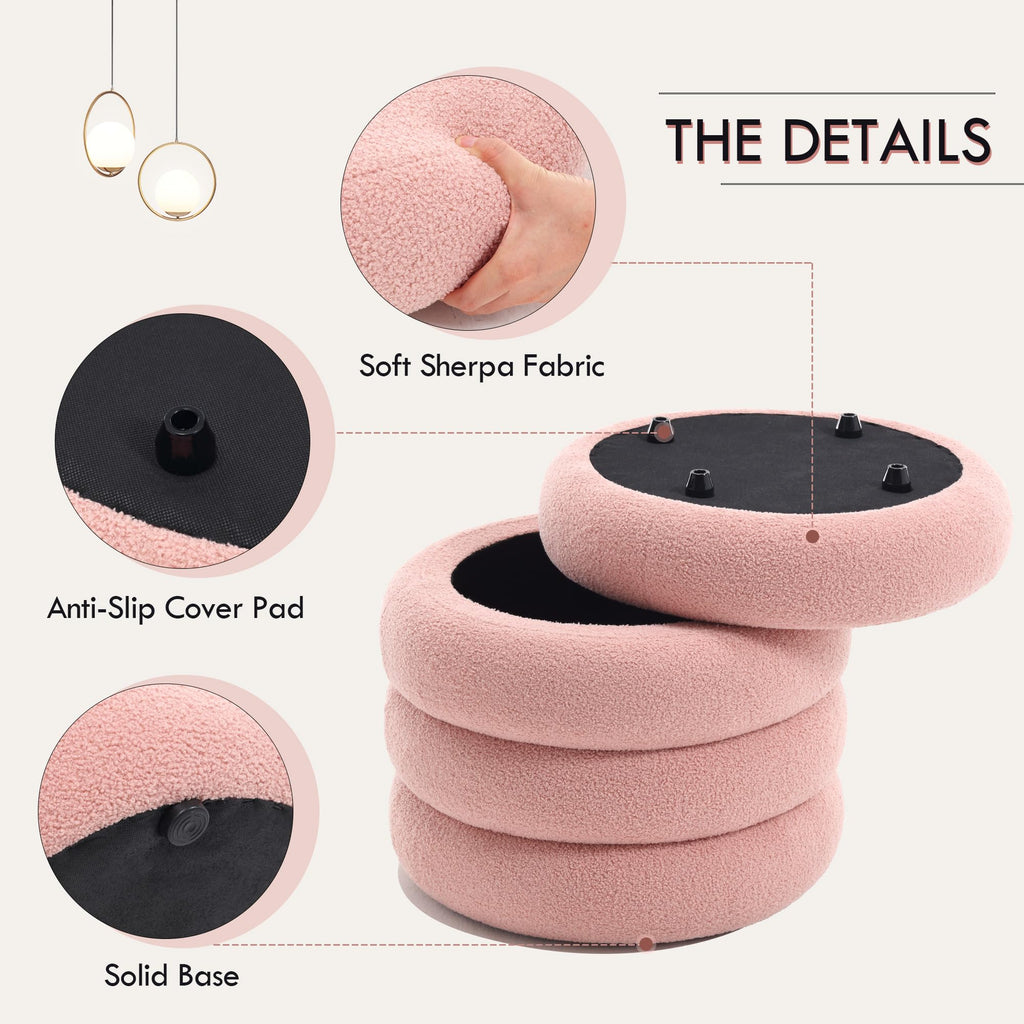 Storage Ottoman Round, Ottoman with Storage, Sherpa Ottoman Storage, (18 Inches x 16 Inches) Set of 2