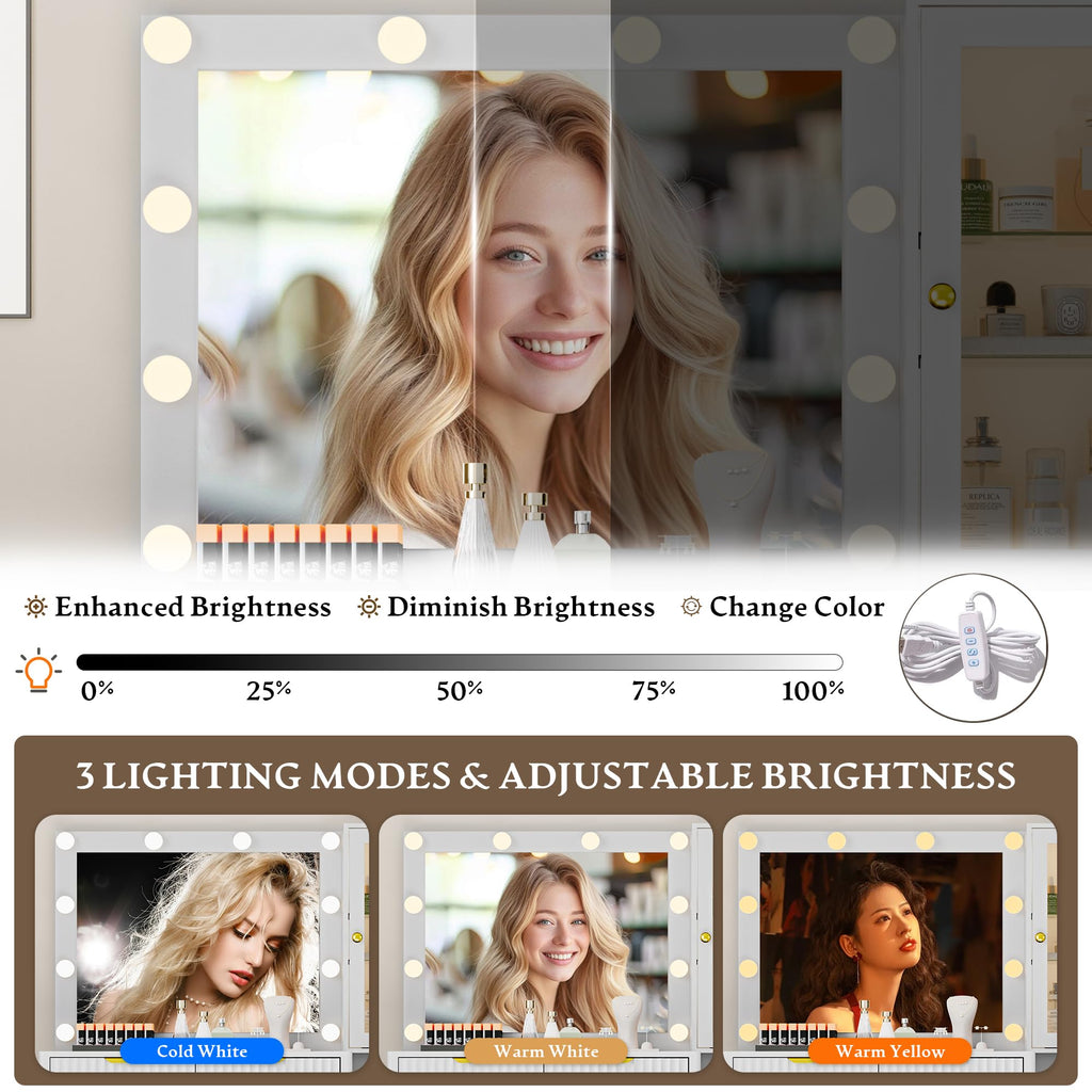 Fluted Vanity Desk with Mirror and Lights, 45" Glass Top Makeup Table Set with 5 Drawers, Power Outlet & Storage Cabinet, Large Dressing Table with RGB Ambient Light