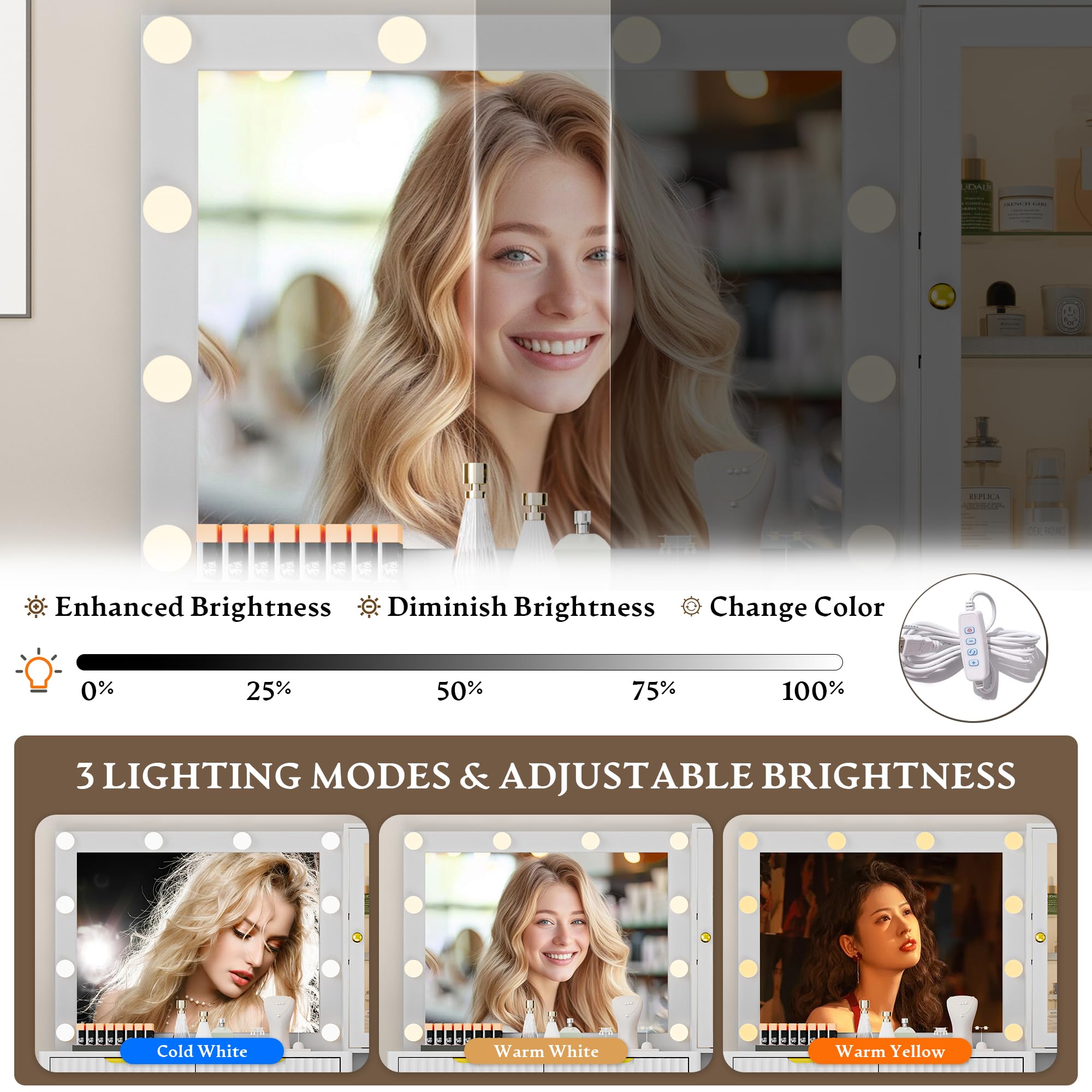 Fluted Vanity Desk with Mirror and Lights, 45" Glass Top Makeup Table Set with 5 Drawers, Power Outlet & Storage Cabinet, Large Dressing Table with RGB Ambient Light