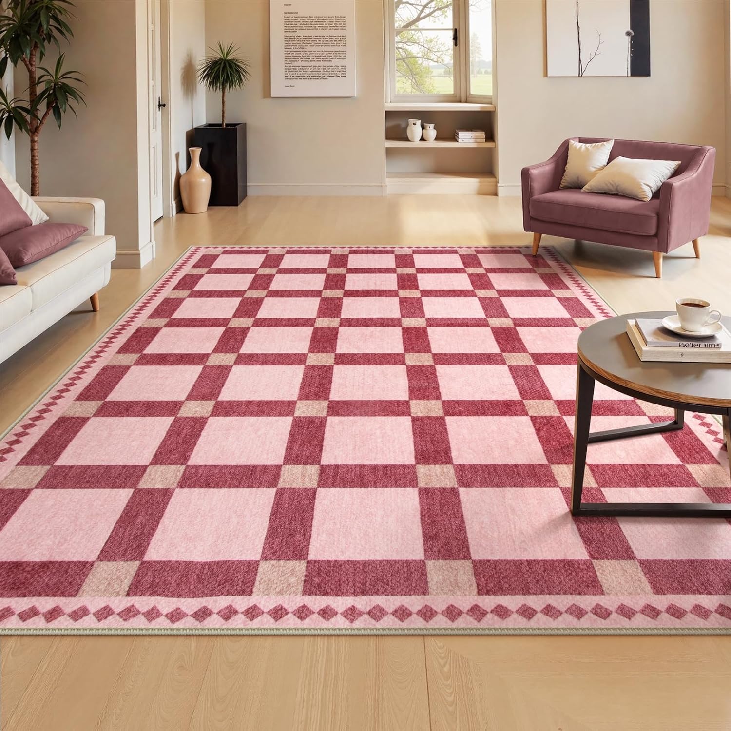 Checkered Rugs, Modern Washable Non Slip Low Pile Carpet