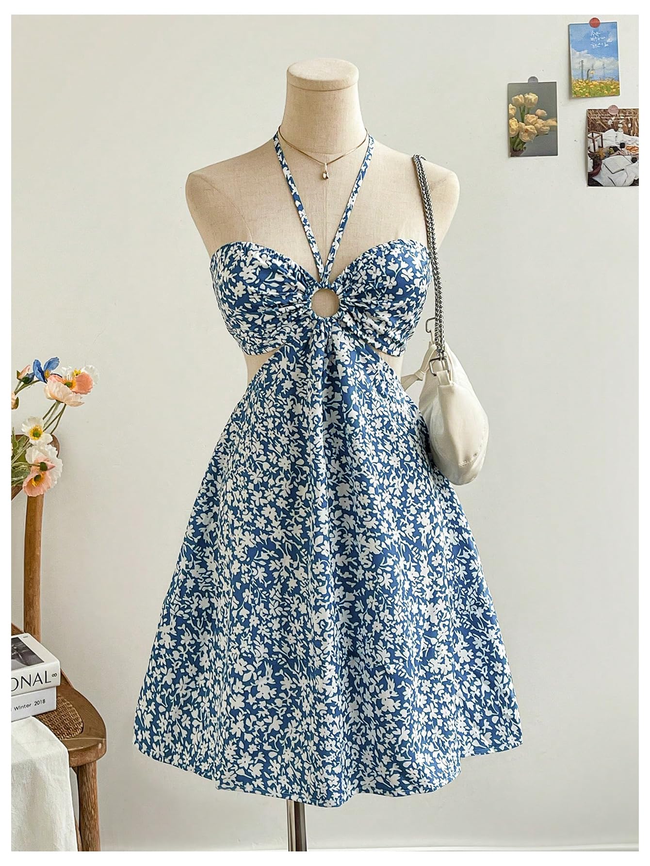 Women's Floral Halter Neck Vacation Dress Sleeveless Cut Out Boho Cami Dress