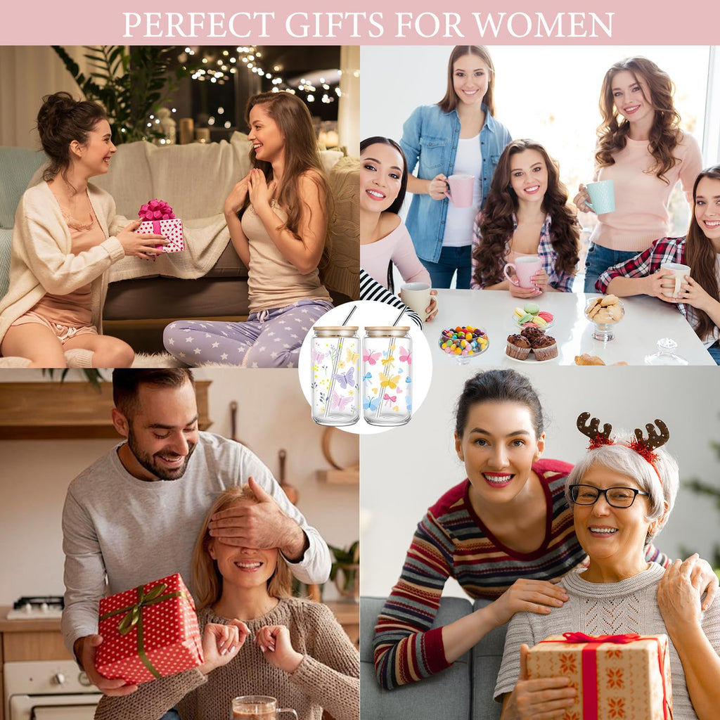 Cute 16oz Glass Cups with Lids and Straws, 2 Pack