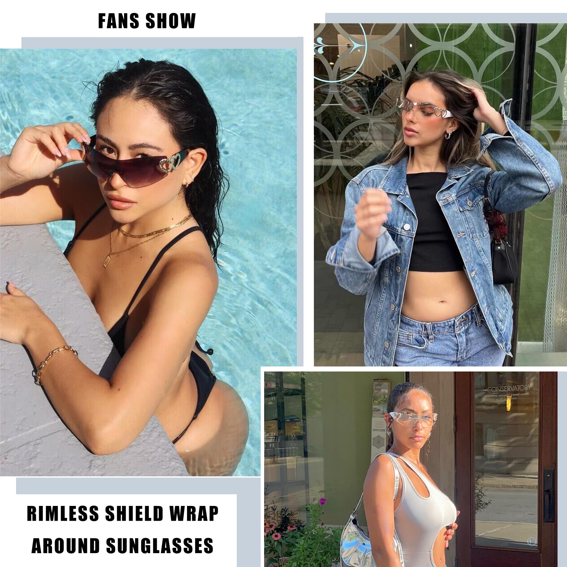 Wrap Around Heart Rhinestones Rimless Sunglasses Women Men, Oversized Fashion Futuristic Sun Glasses Cool Shade 2000S Trendy
