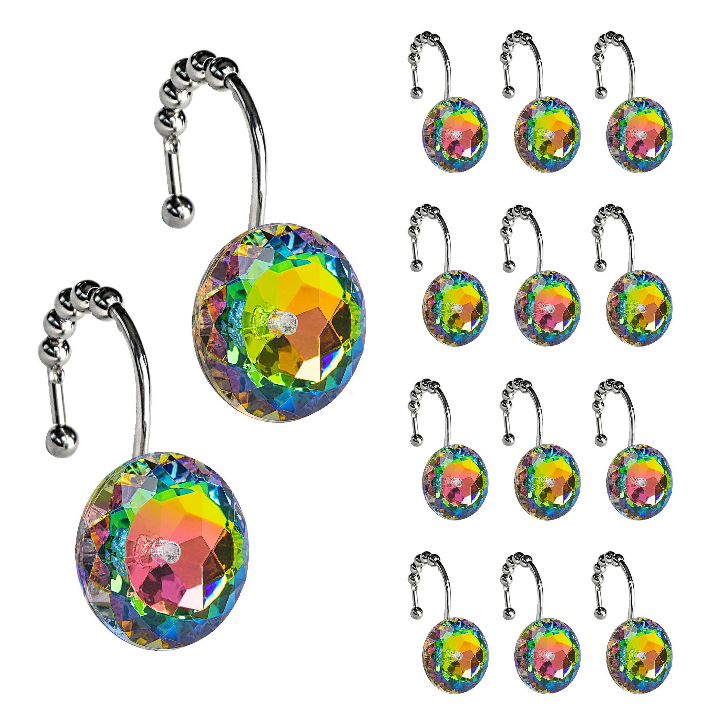 Luxury Design Round Diamond Crystal Gem Bling with Glide Balls Shower Curtain Hooks, Rust Proof Metal Rhinestones Glam Shower Curtain Rings-12 Pack