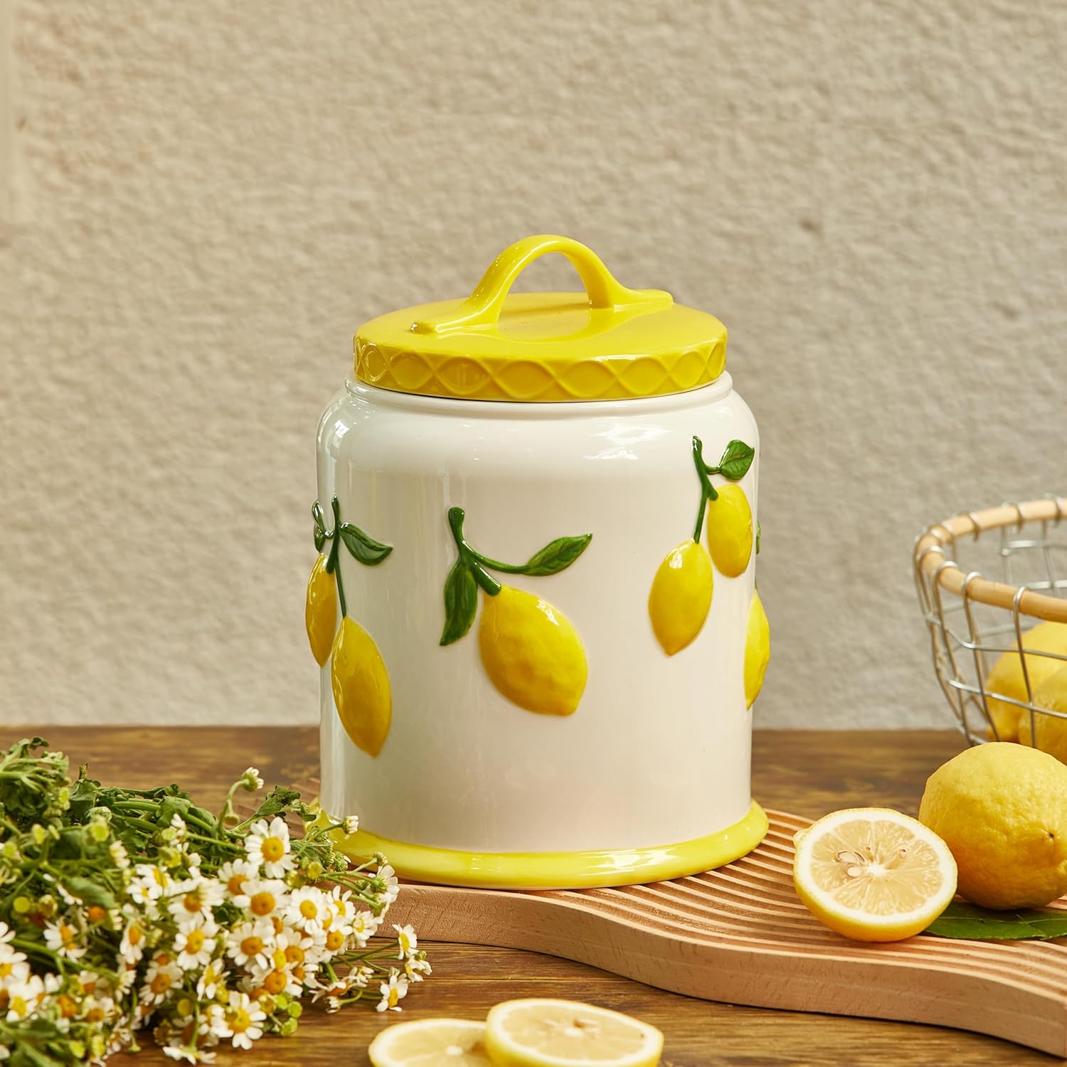 Lemon Handpainted 9 inch Stoneware Cookie Jar, Air Tight Seal