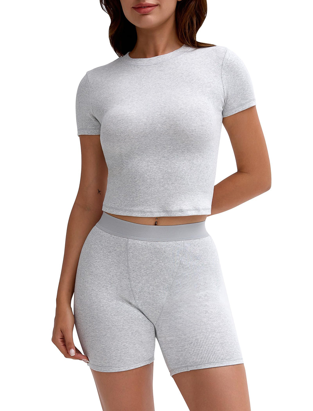 Two Piece Outfits for Women Matching Set Tracksuit Casual Workout Clothes Cotton Ribbed T-shirt Boxer Shorts