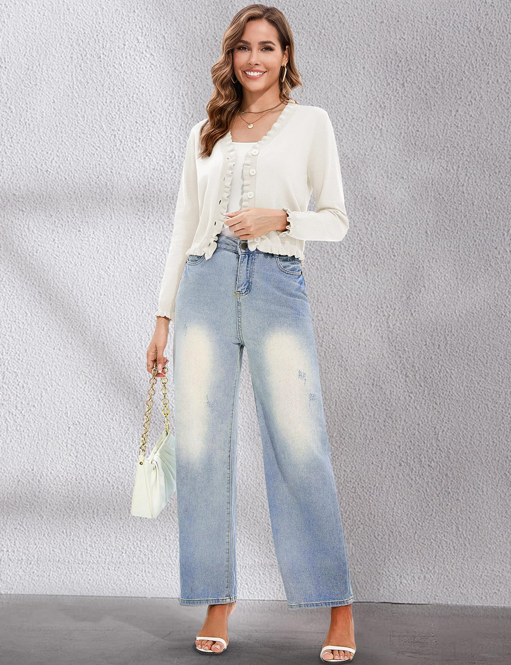 Lightweight Cardigan Sweater - Cropped Ruffle Long Sleeve Button Down Sweater