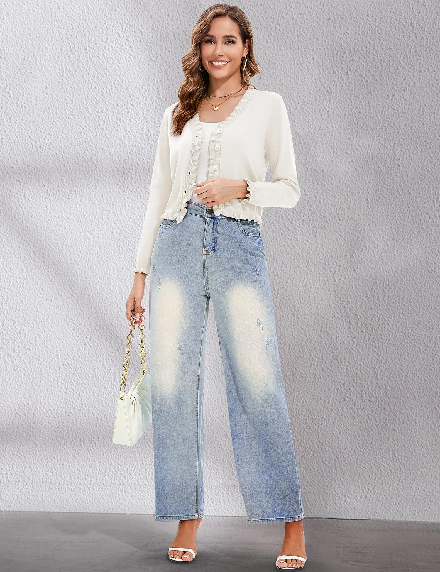 Lightweight Cardigan Sweater - Cropped Ruffle Long Sleeve Button Down Sweater